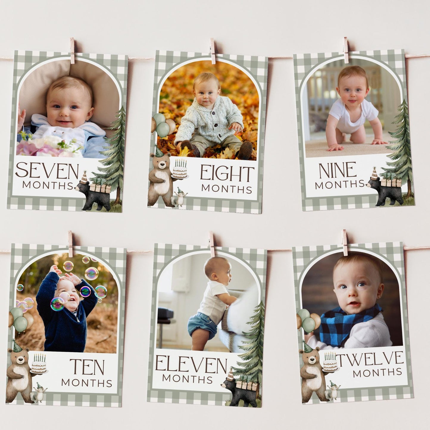 One Happy Camper Birthday Photo Milestone Banner Woodland 1st Birthday Bunting Banner Editable Template Monthly Milestone Photo Collage