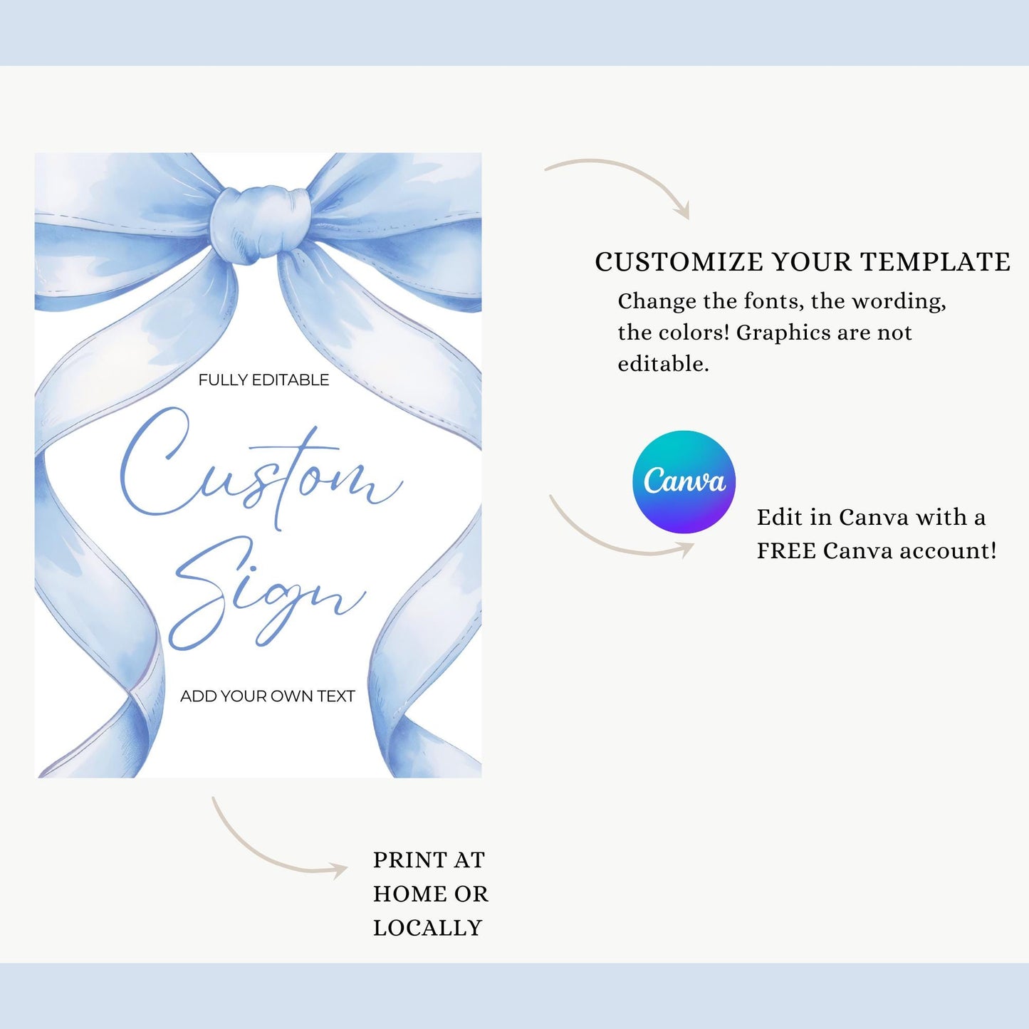 Blue Bow Custom Sign Template Editable Baby Shower Sign Favors Coquette Aesthetic Gifts Sign Printable Table Signs Ribbon Girl Baby Shower