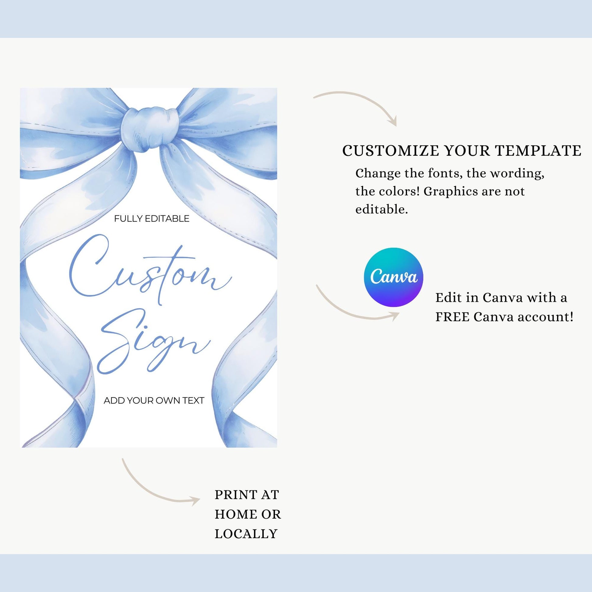 Blue Bow Custom Sign Template Editable Baby Shower Sign Favors Coquette Aesthetic Gifts Sign Printable Table Signs Ribbon Girl Baby Shower