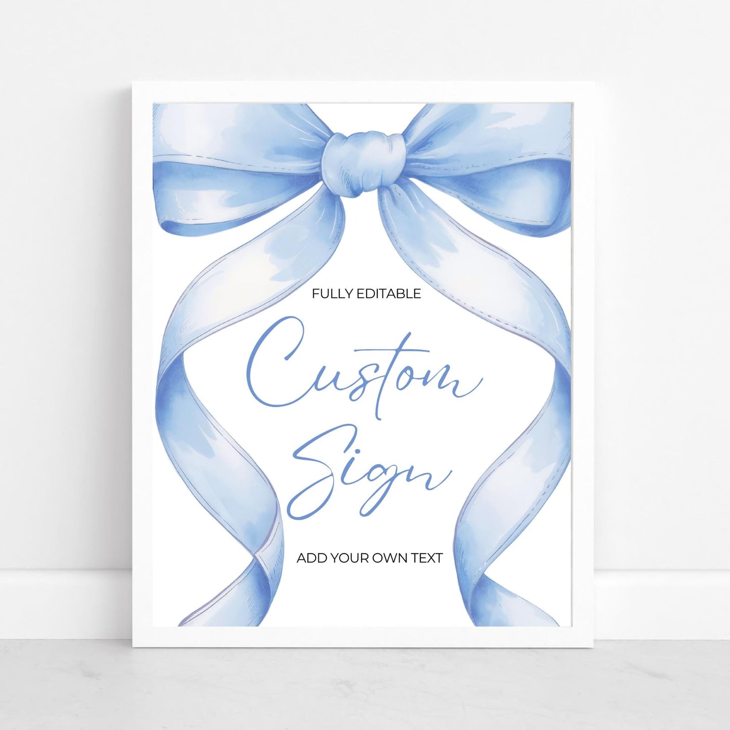 Blue Bow Custom Sign Template Editable Baby Shower Sign Favors Coquette Aesthetic Gifts Sign Printable Table Signs Ribbon Girl Baby Shower
