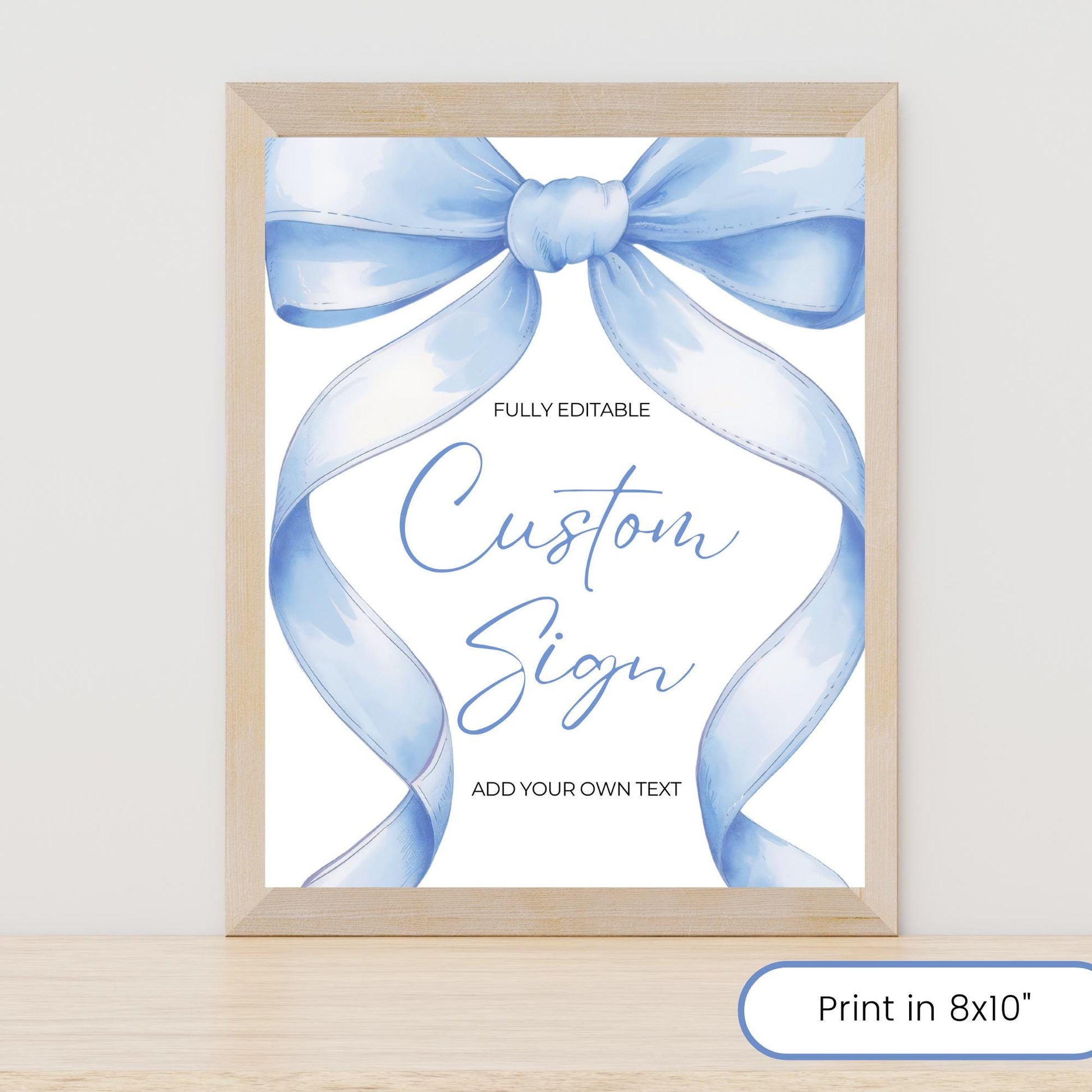 Blue Bow Custom Sign Template Editable Baby Shower Sign Favors Coquette Aesthetic Gifts Sign Printable Table Signs Ribbon Girl Baby Shower