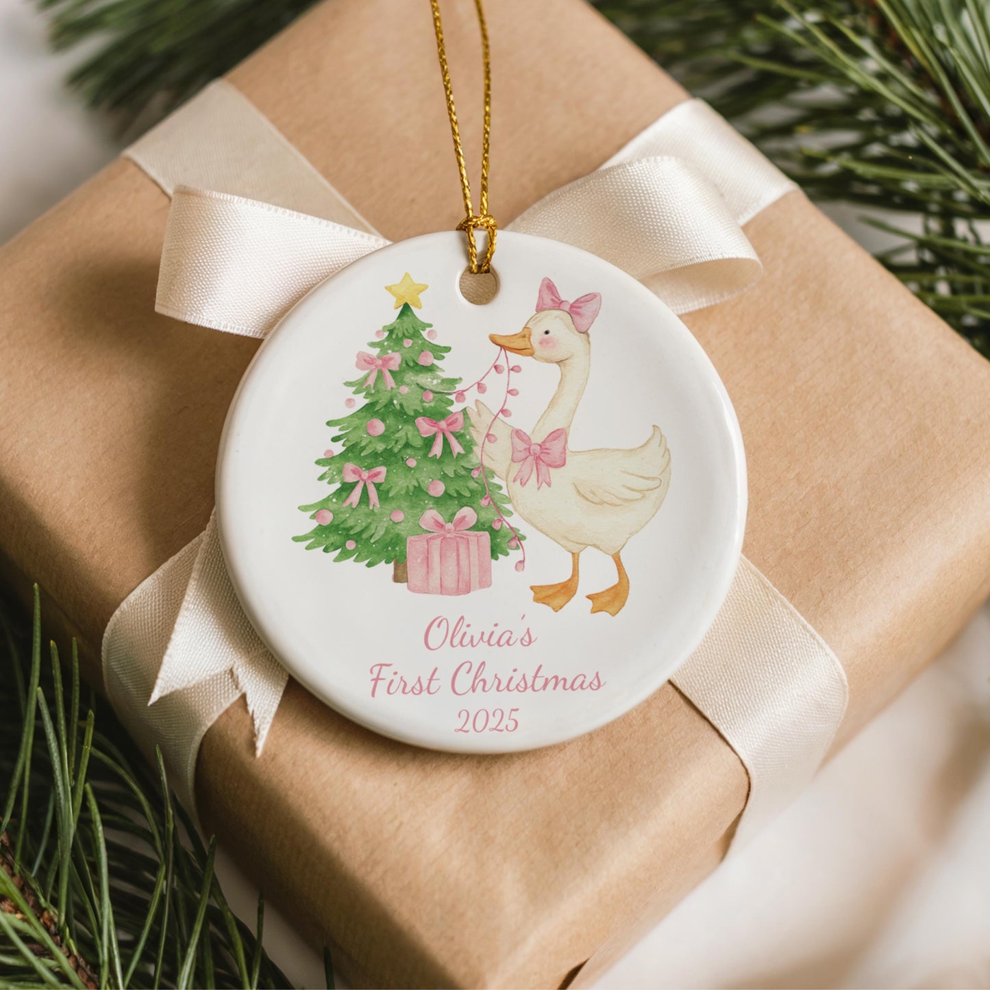 Personalized Baby's First Christmas Ornament 2025 Silly Goose Keepsake Baby Girl Ornament Silly Goose Gift for New Baby Girl Pink Bow Bauble