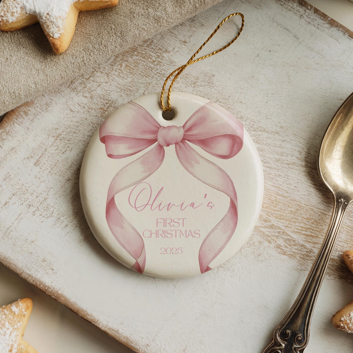 Pink Bow Baby's First Christmas Ornament, Unique Keepsake Gift for Baby Girl, 2025 Holiday Decor