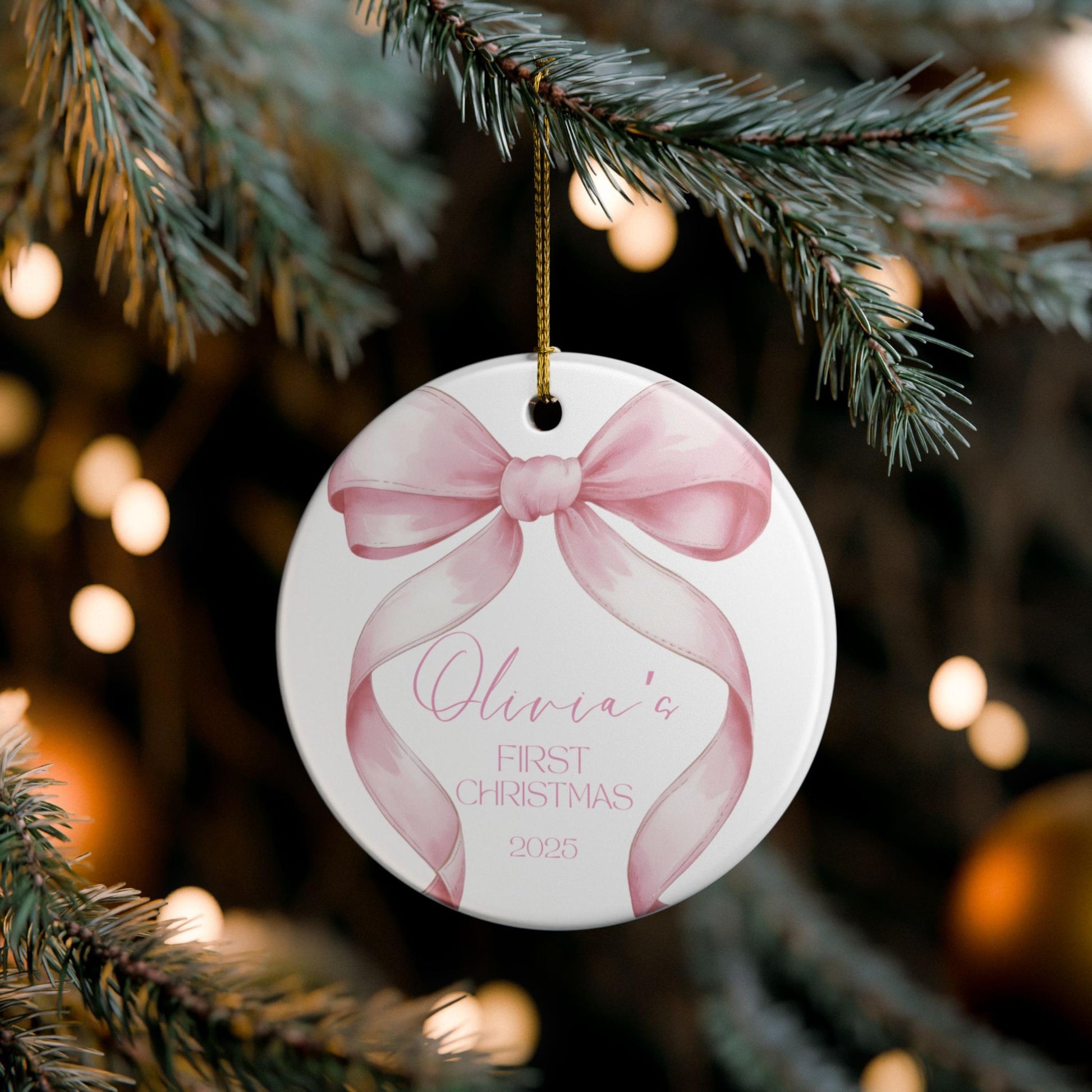 Pink Bow Baby's First Christmas Ornament, Special Keepsake for Baby Girl, 2025 Holiday Gift