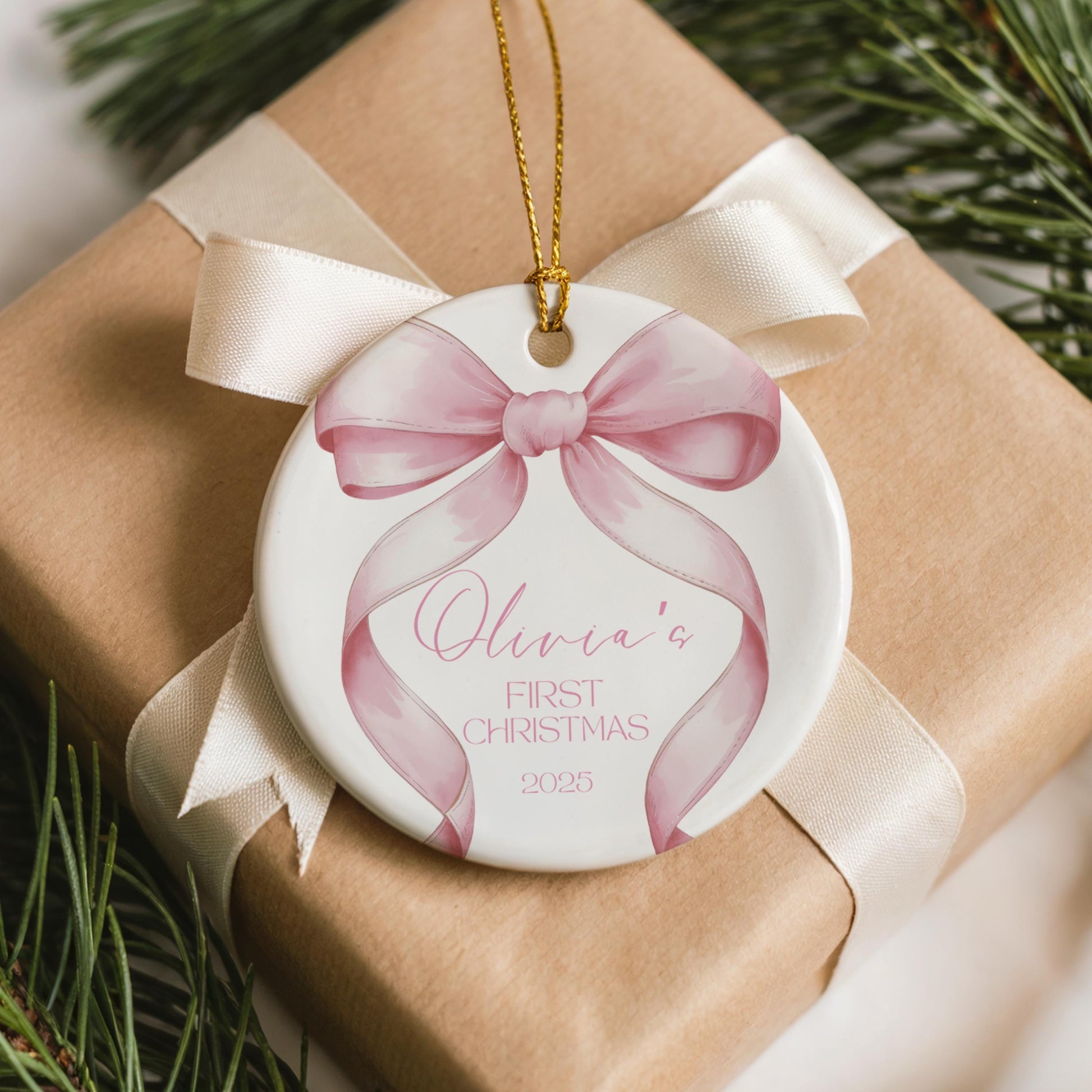 Baby's First Christmas Ornament Girl Personalized Pink Bow Keepsake Christmas Ornament First Christmas Keepsake New Baby Ornament Gift