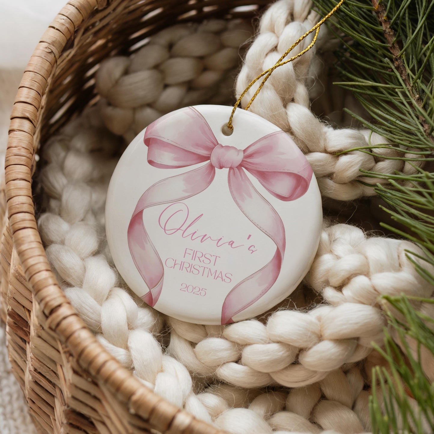 Pink Bow Baby's First Christmas Ornament, Personalized Keepsake Gift, Baby Girl Holiday Decor, 2025