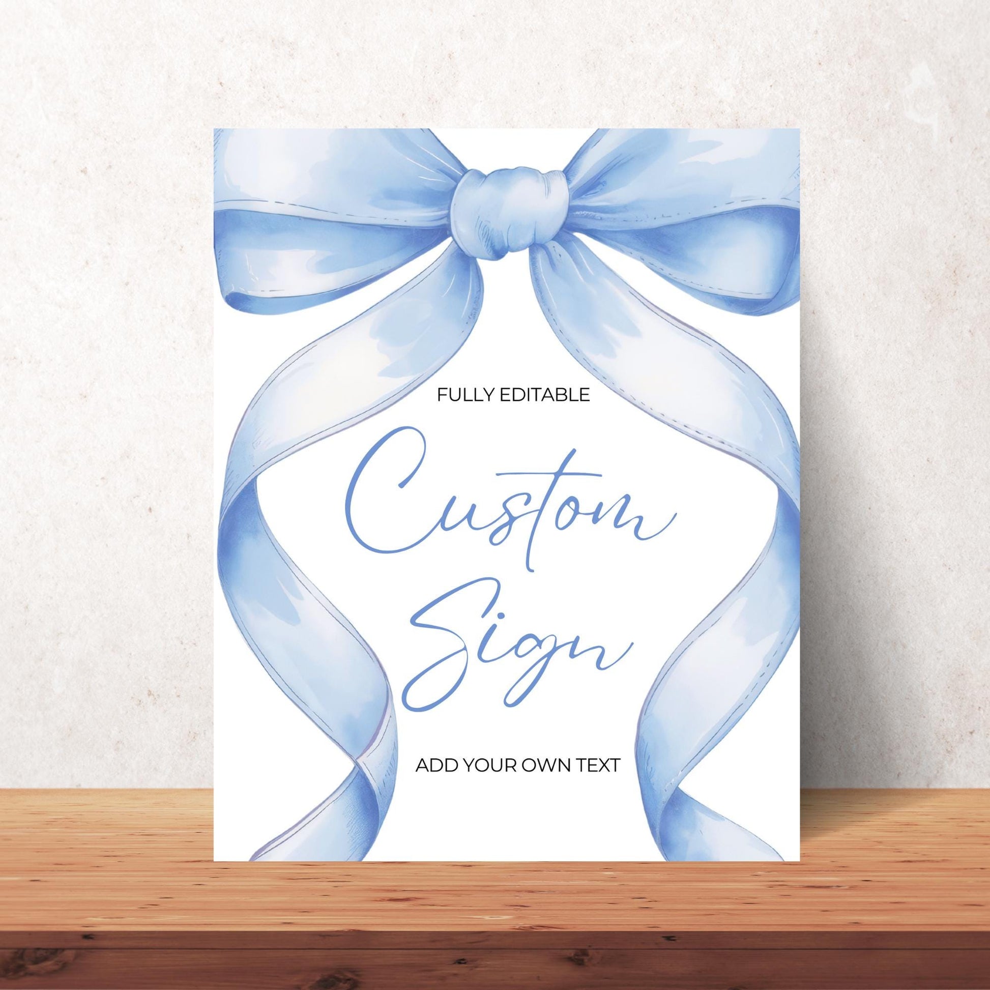 Blue Bow Custom Sign Template Editable Baby Shower Sign Favors Coquette Aesthetic Gifts Sign Printable Table Signs Ribbon Girl Baby Shower