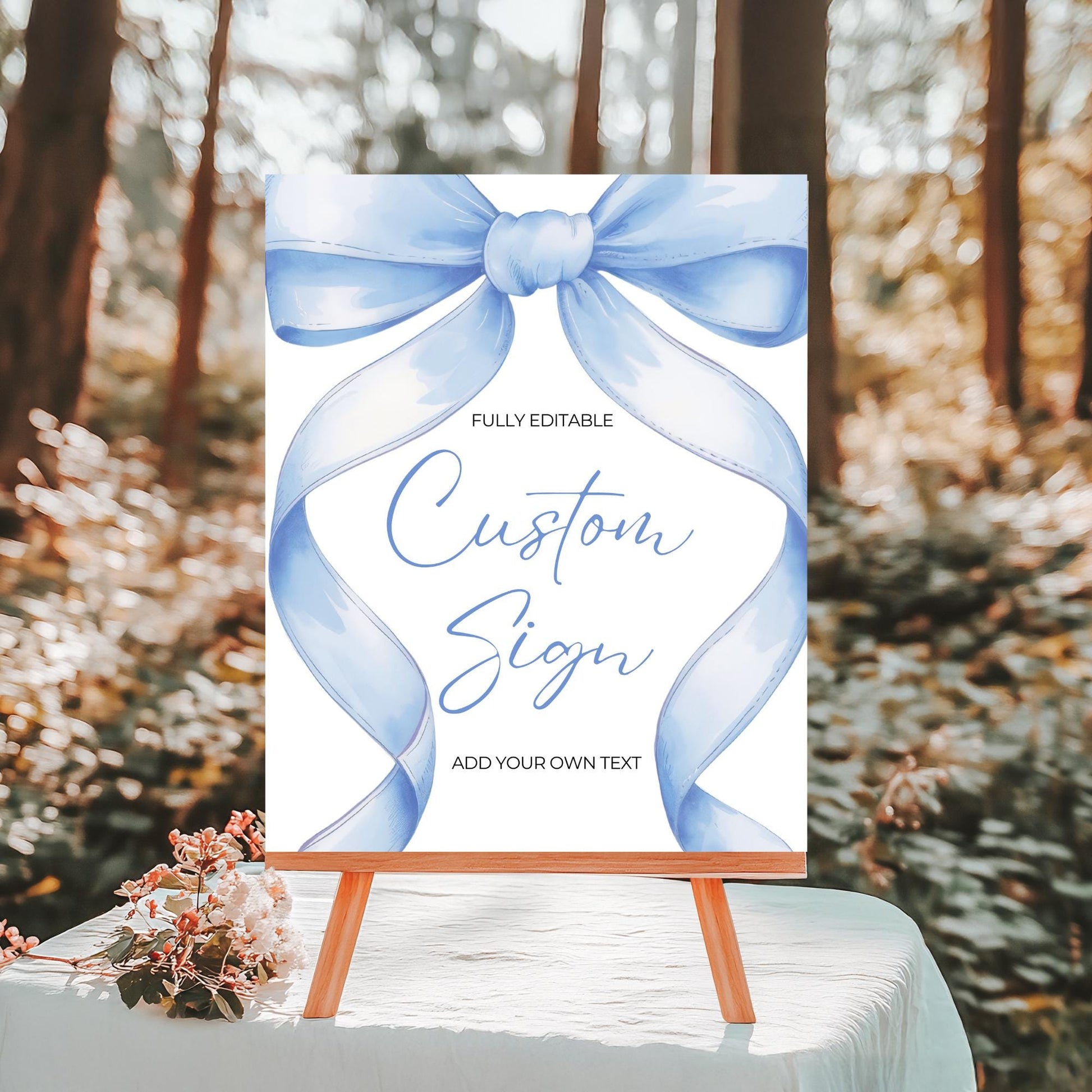 Blue Bow Custom Sign Template Editable Baby Shower Sign Favors Coquette Aesthetic Gifts Sign Printable Table Signs Ribbon Girl Baby Shower