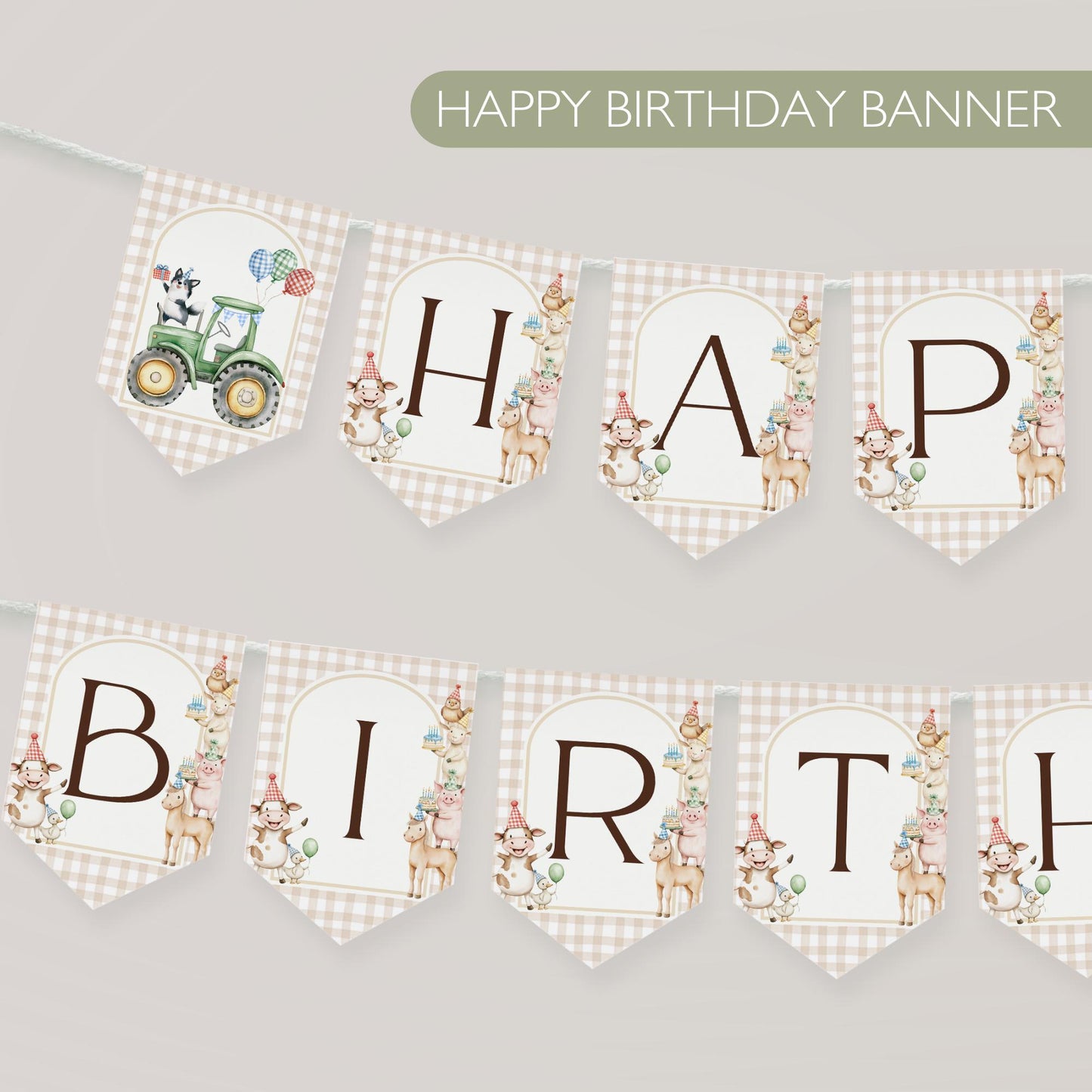 Farm Animal Happy Birthday Banner, Cute Kids Party Decorations, Printable Digital Download for Farm Theme Fun