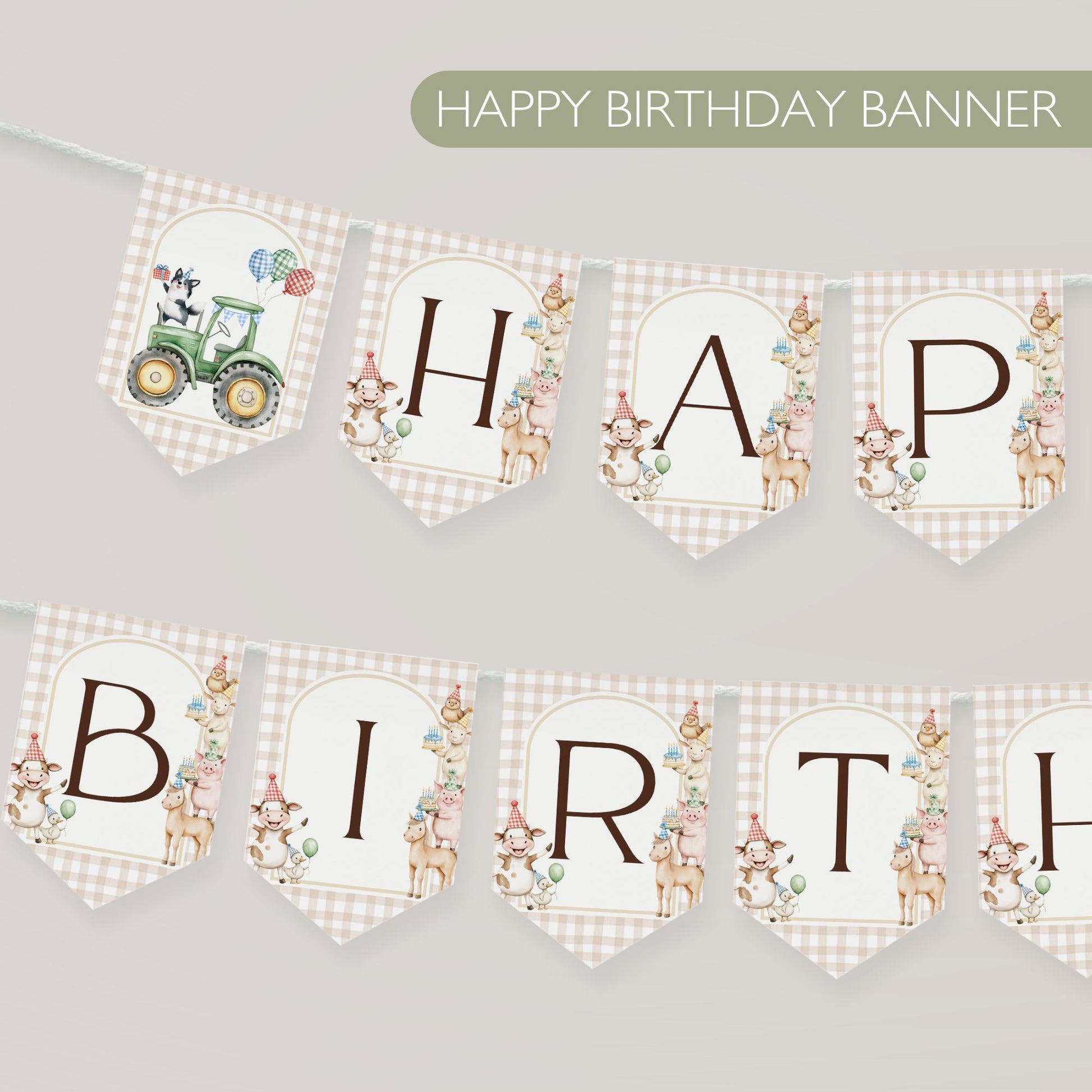 Farm Animal Happy Birthday Banner, Cute Kids Party Decorations, Printable Digital Download for Farm Theme Fun
