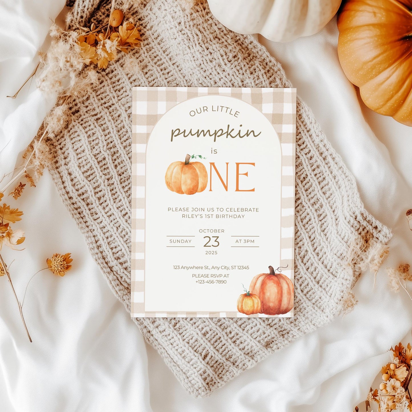 Our Little Pumpkin Is One Invitation, Editable First Birthday Template, Autumn Pumpkin Party Invite, Digital Download