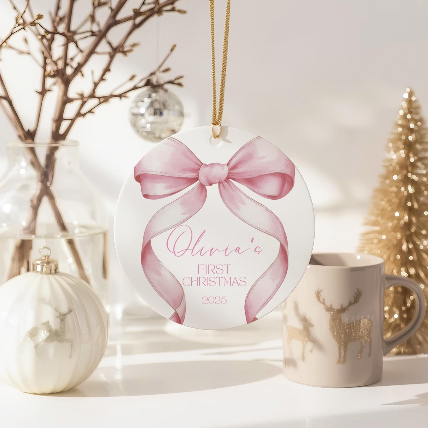Pink Bow Baby's First Christmas Ornament, Personalized Holiday Keepsake, Baby Girl Gift, 2025