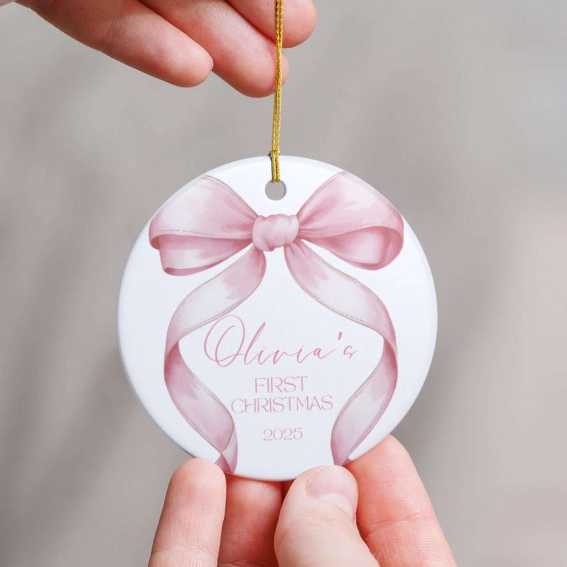 Pink Bow Baby's First Christmas Ornament, Custom Name Keepsake, Holiday Gift for Baby Girl, 2025