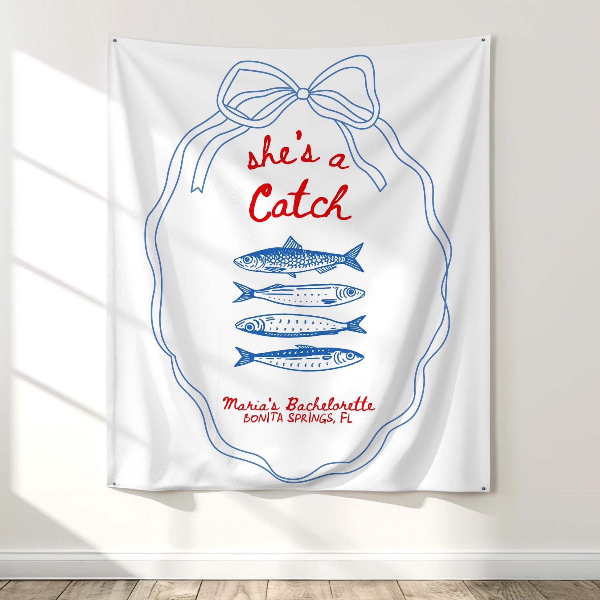 She's a Catch Bachelorette Banner Custom Fishing Theme Bachelorette Decor East Coast Bridal Shower Photo Backdrop Coastal Bachelorette Sign