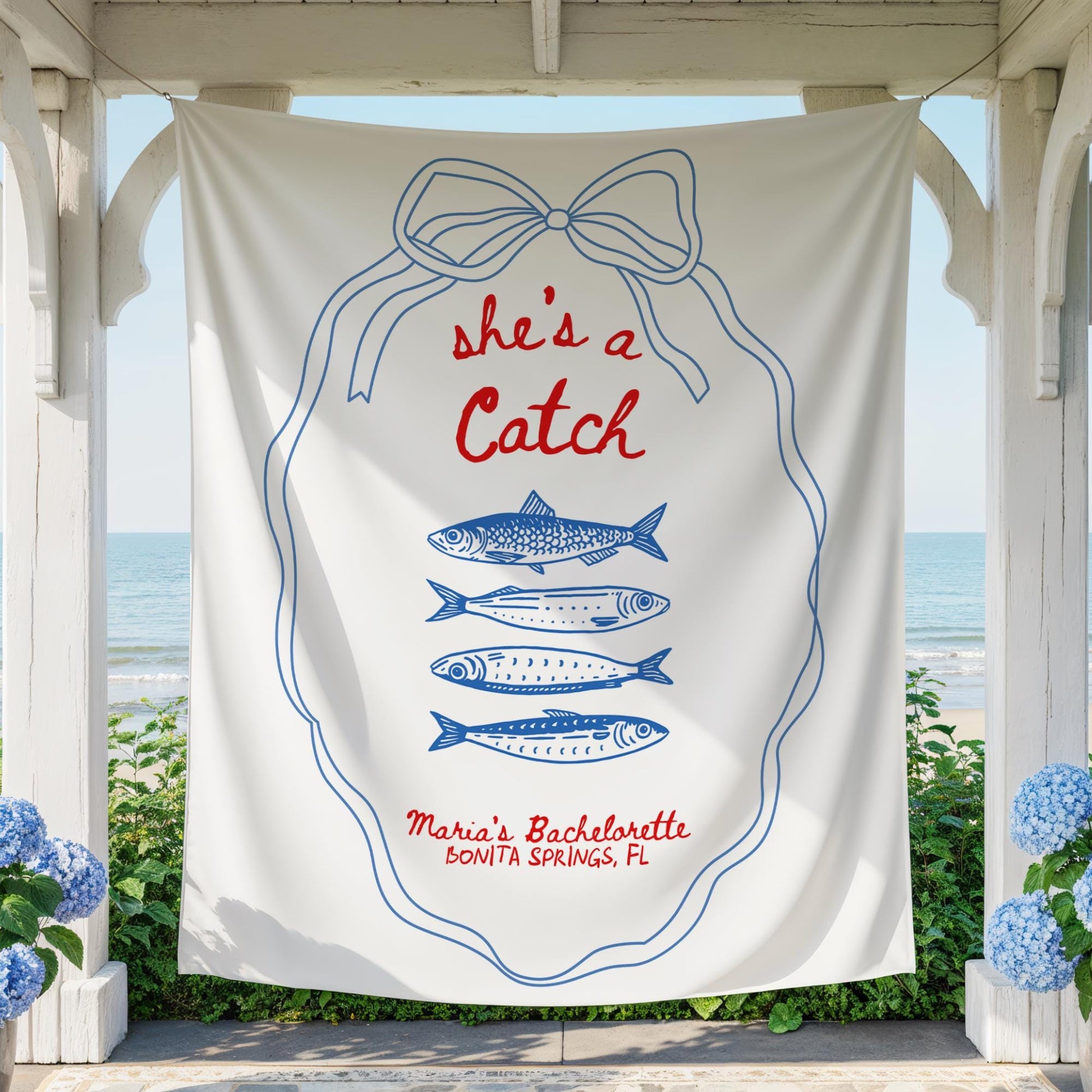 She's a Catch Bachelorette Banner Custom Fishing Theme Bachelorette Decor East Coast Bridal Shower Photo Backdrop Coastal Bachelorette Sign