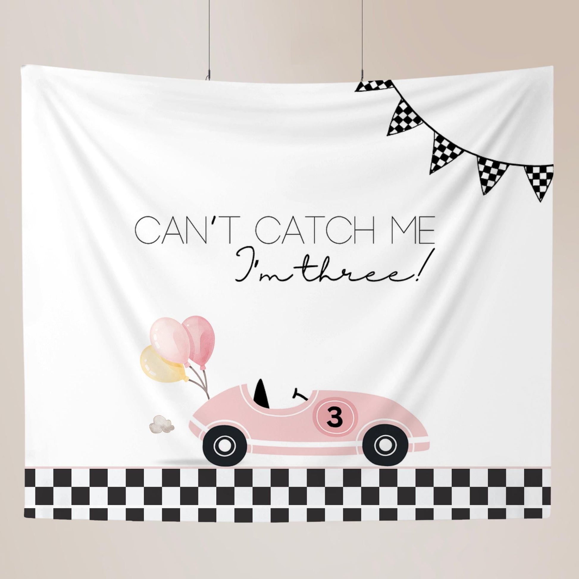 Racecar 3rd Birthday Personalized Banner Girl Can't catch me I'm Three Party Decor Photo Backdrop Racing Custom Banner Race Track