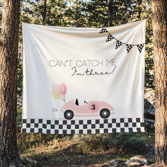 Racecar 3rd Birthday Personalized Banner Girl Can't catch me I'm Three Party Decor Photo Backdrop Racing Custom Banner Race Track