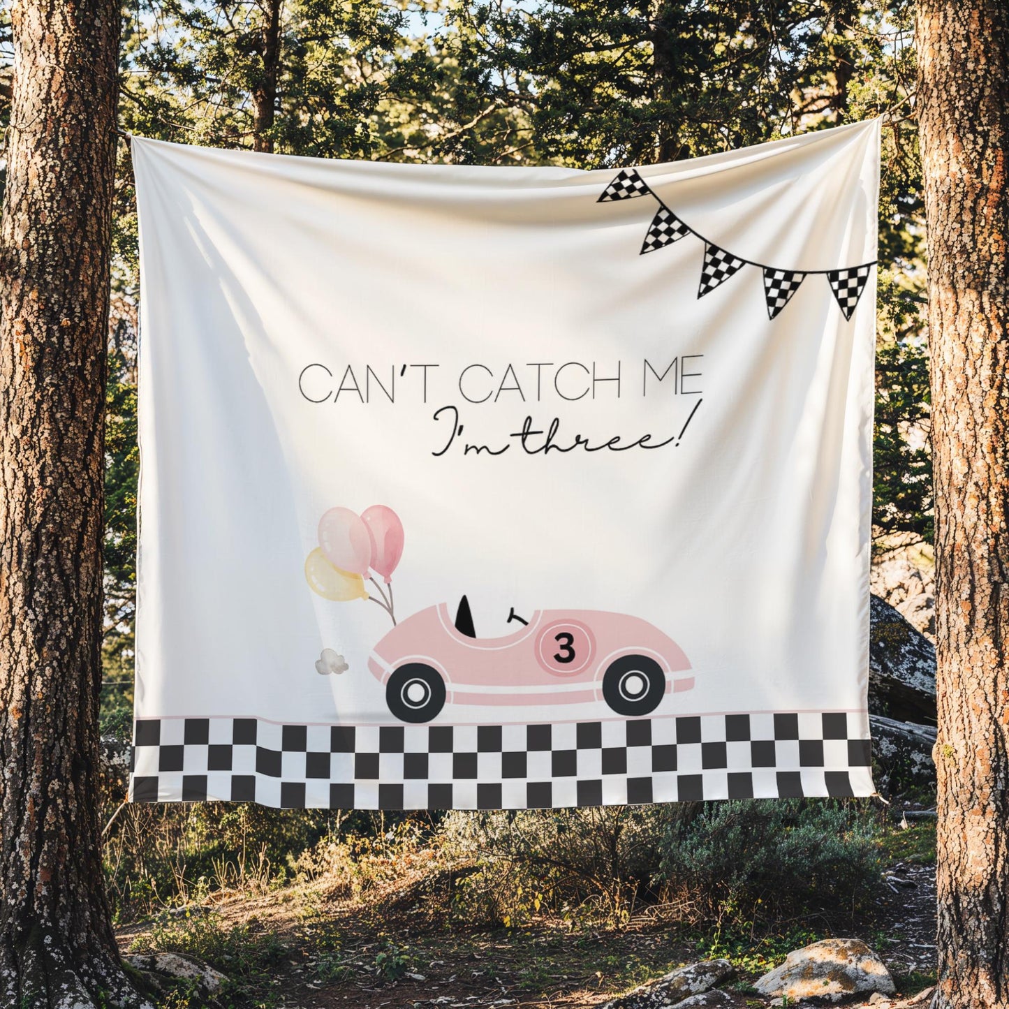 Racecar 3rd Birthday Personalized Banner Girl Can't catch me I'm Three Party Decor Photo Backdrop Racing Custom Banner Race Track