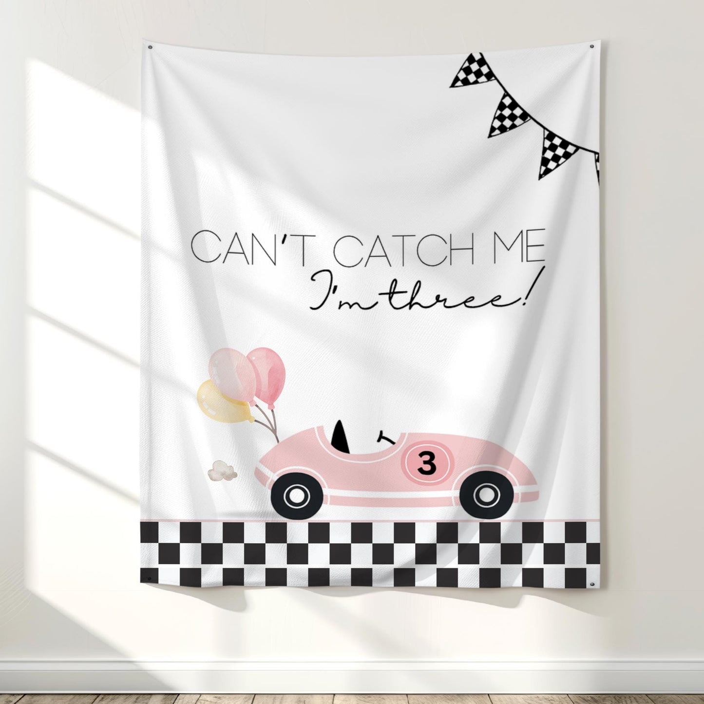 Racecar 3rd Birthday Personalized Banner Girl Can't catch me I'm Three Party Decor Photo Backdrop Racing Custom Banner Race Track
