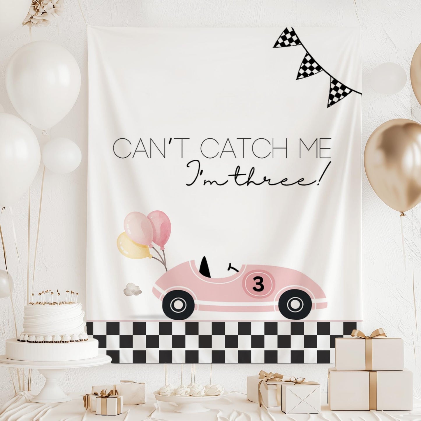 Racecar 3rd Birthday Personalized Banner Girl Can't catch me I'm Three Party Decor Photo Backdrop Racing Custom Banner Race Track