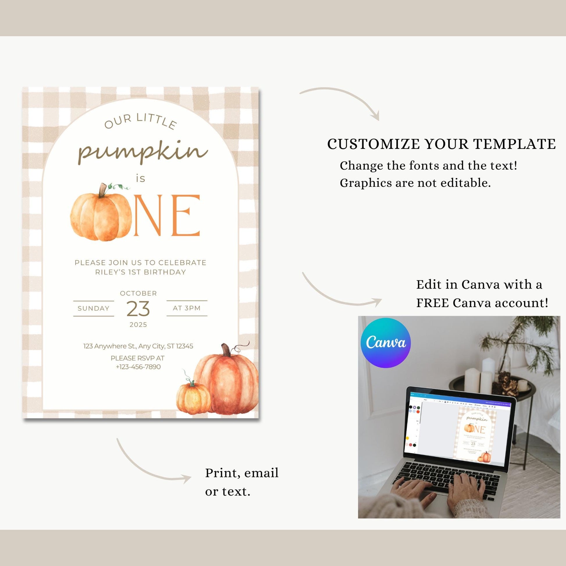 Our Little Pumpkin Is One Invitation, Fall Birthday Party Template, Editable Pumpkin Invite, Digital Download