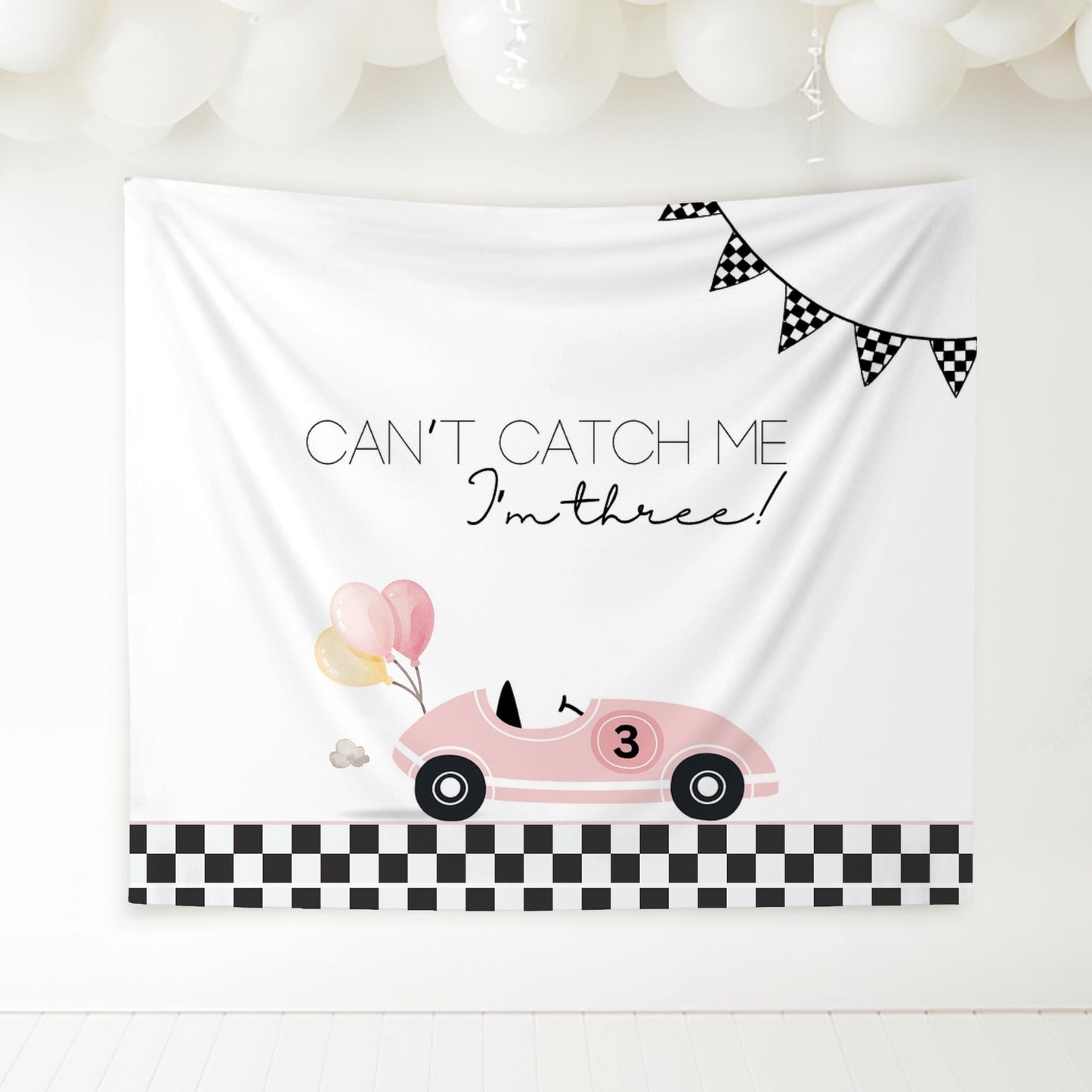Racecar 3rd Birthday Personalized Banner Girl Can't catch me I'm Three Party Decor Photo Backdrop Racing Custom Banner Race Track