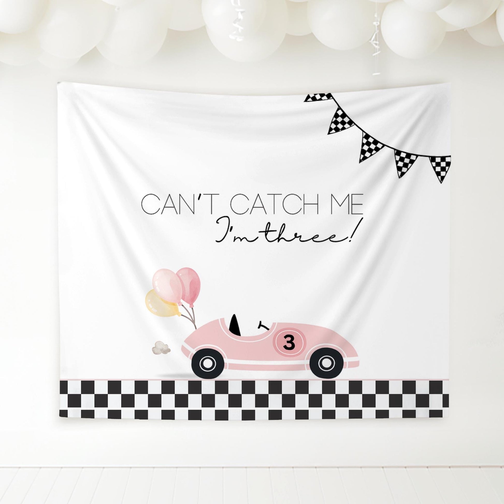Racecar 3rd Birthday Personalized Banner Girl Can't catch me I'm Three Party Decor Photo Backdrop Racing Custom Banner Race Track