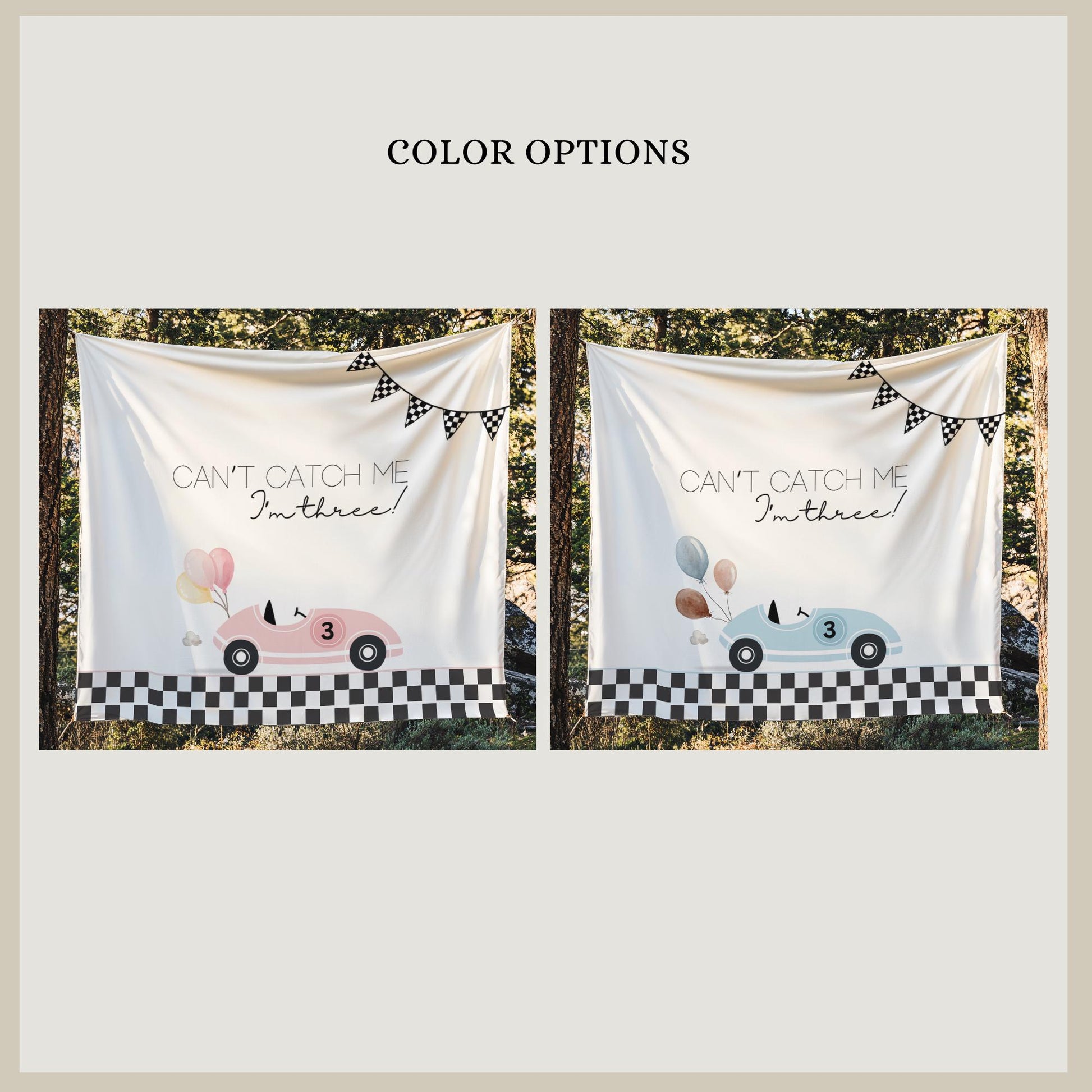 Racecar 3rd Birthday Personalized Banner Girl Can't catch me I'm Three Party Decor Photo Backdrop Racing Custom Banner Race Track