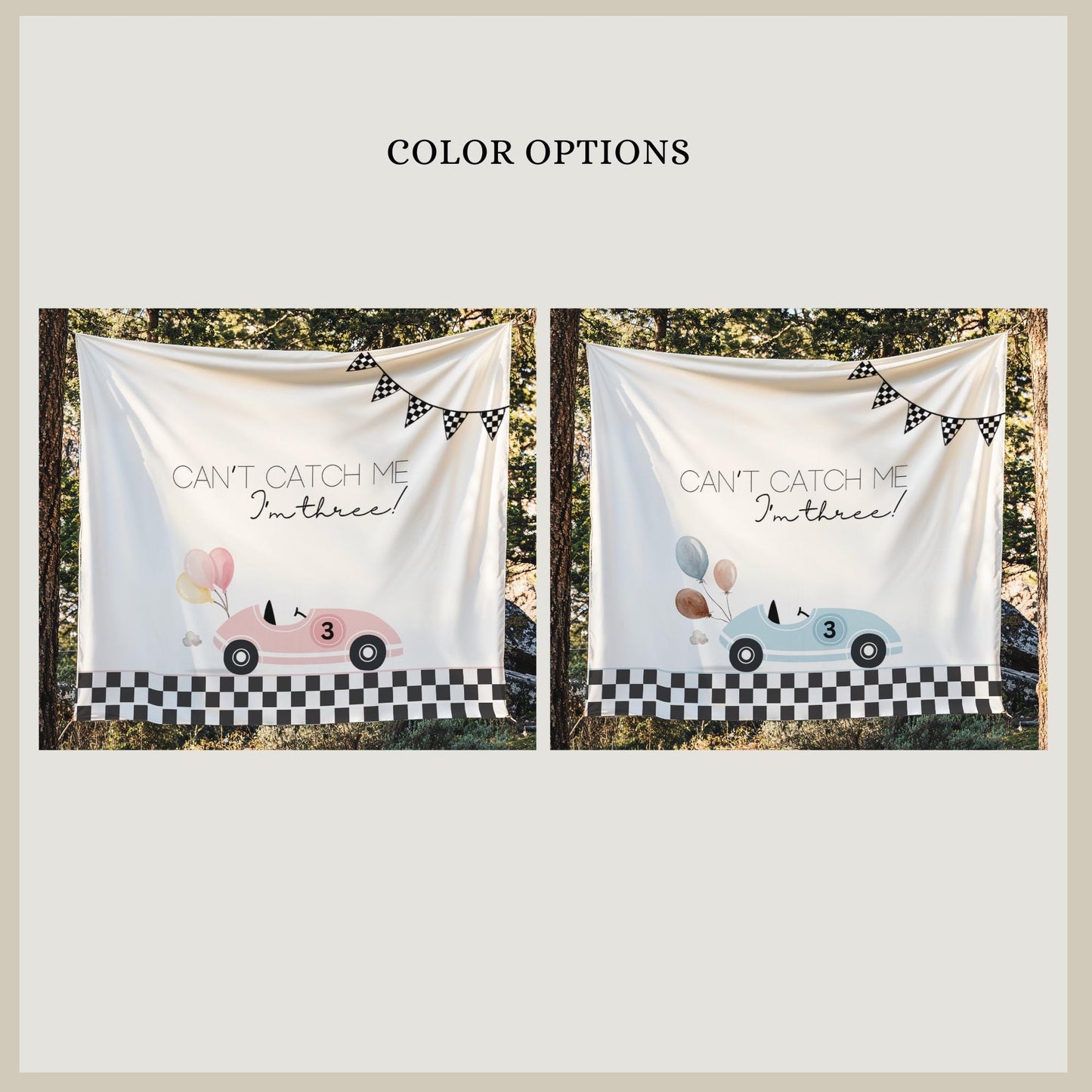 Racecar 3rd Birthday Personalized Banner Girl Can't catch me I'm Three Party Decor Photo Backdrop Racing Custom Banner Race Track