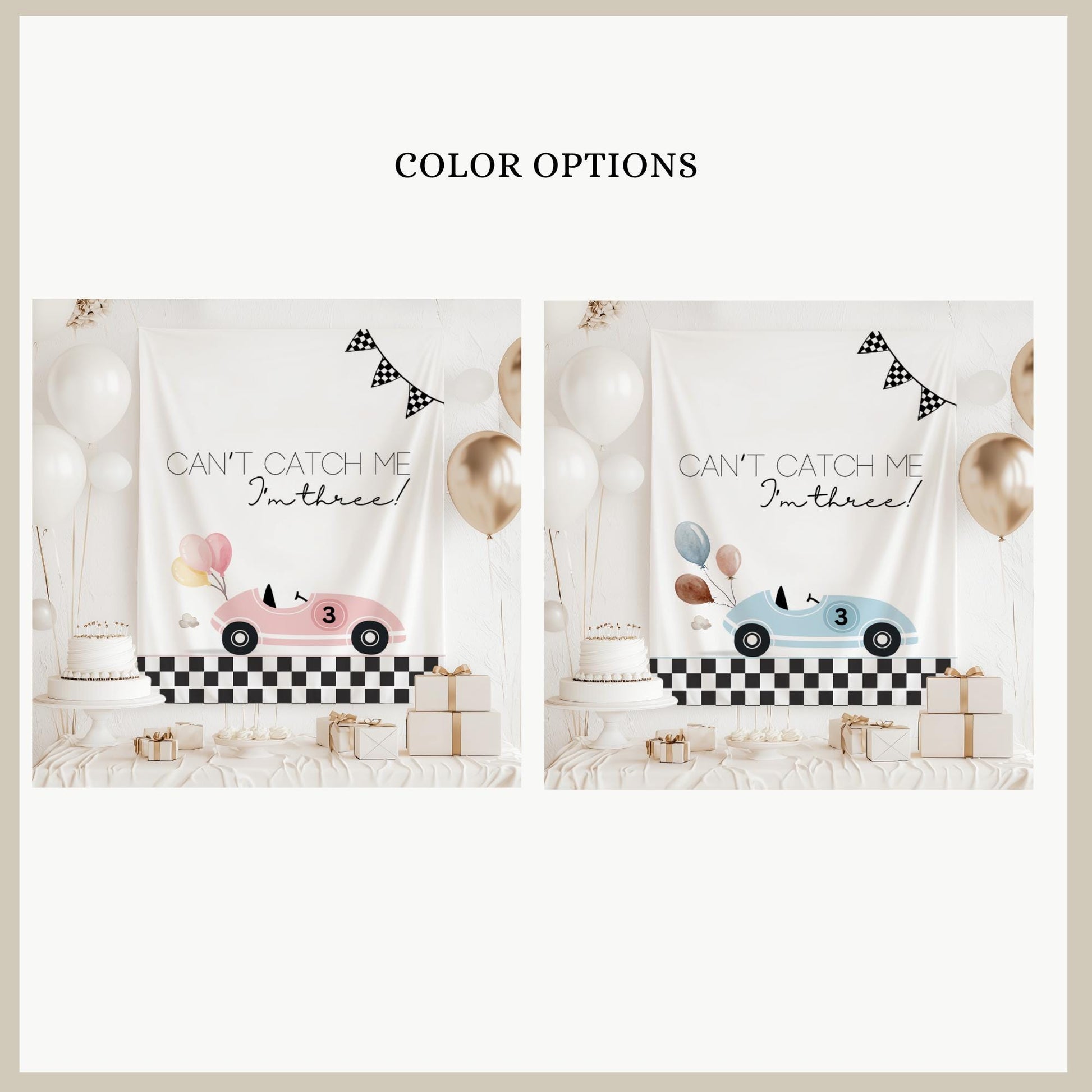 Racecar 3rd Birthday Personalized Banner Girl Can't catch me I'm Three Party Decor Photo Backdrop Racing Custom Banner Race Track