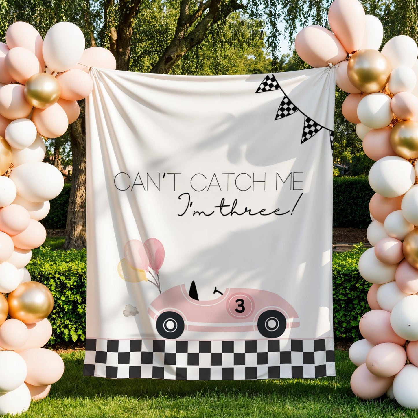 Racecar 3rd Birthday Personalized Banner Girl Can't catch me I'm Three Party Decor Photo Backdrop Racing Custom Banner Race Track