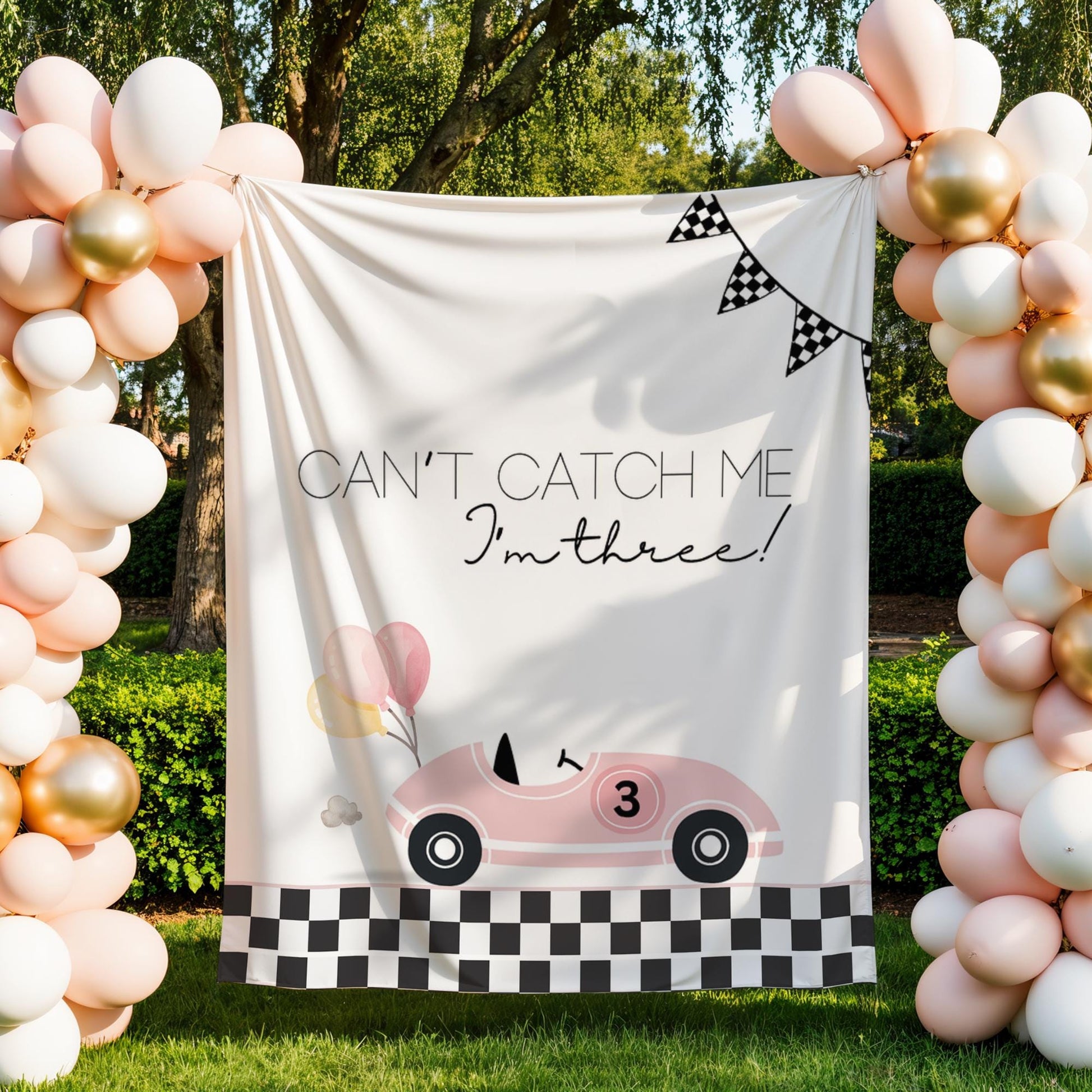Racecar 3rd Birthday Personalized Banner Girl Can't catch me I'm Three Party Decor Photo Backdrop Racing Custom Banner Race Track
