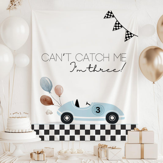 Racecar 3rd Birthday Personalized Banner Girl Can't catch me I'm Three Party Decor Photo Backdrop Racing Custom Banner Race Track