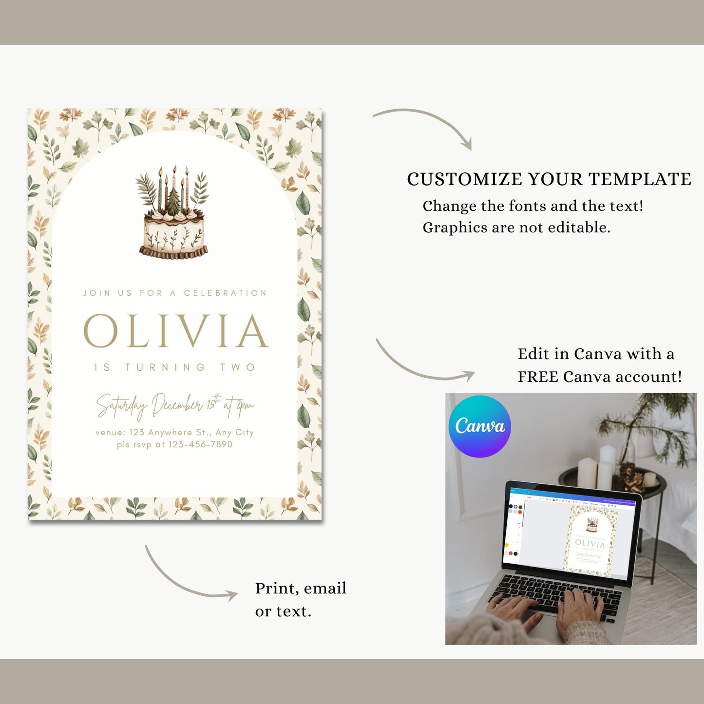 Boho Birthday Invitation Evite Woodland Birthday Invite Printable Template Editable Forrest Theme Party Decor Minimalist Boho Invitation