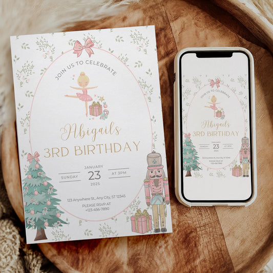 Nutcracker Birthday Invitation, Editable Sugar Plum Fairy Invite, Digital Download for Winter Birthday Party