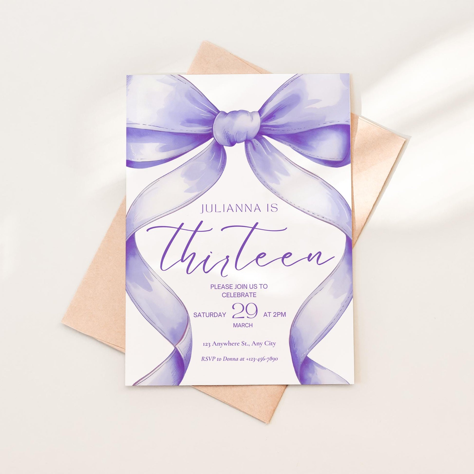 13th birthday invitation girl Purple Coquette Invite 13 year old girl Birthday Girl thirteenth Purple Bow Birthday Teen Birthday Party