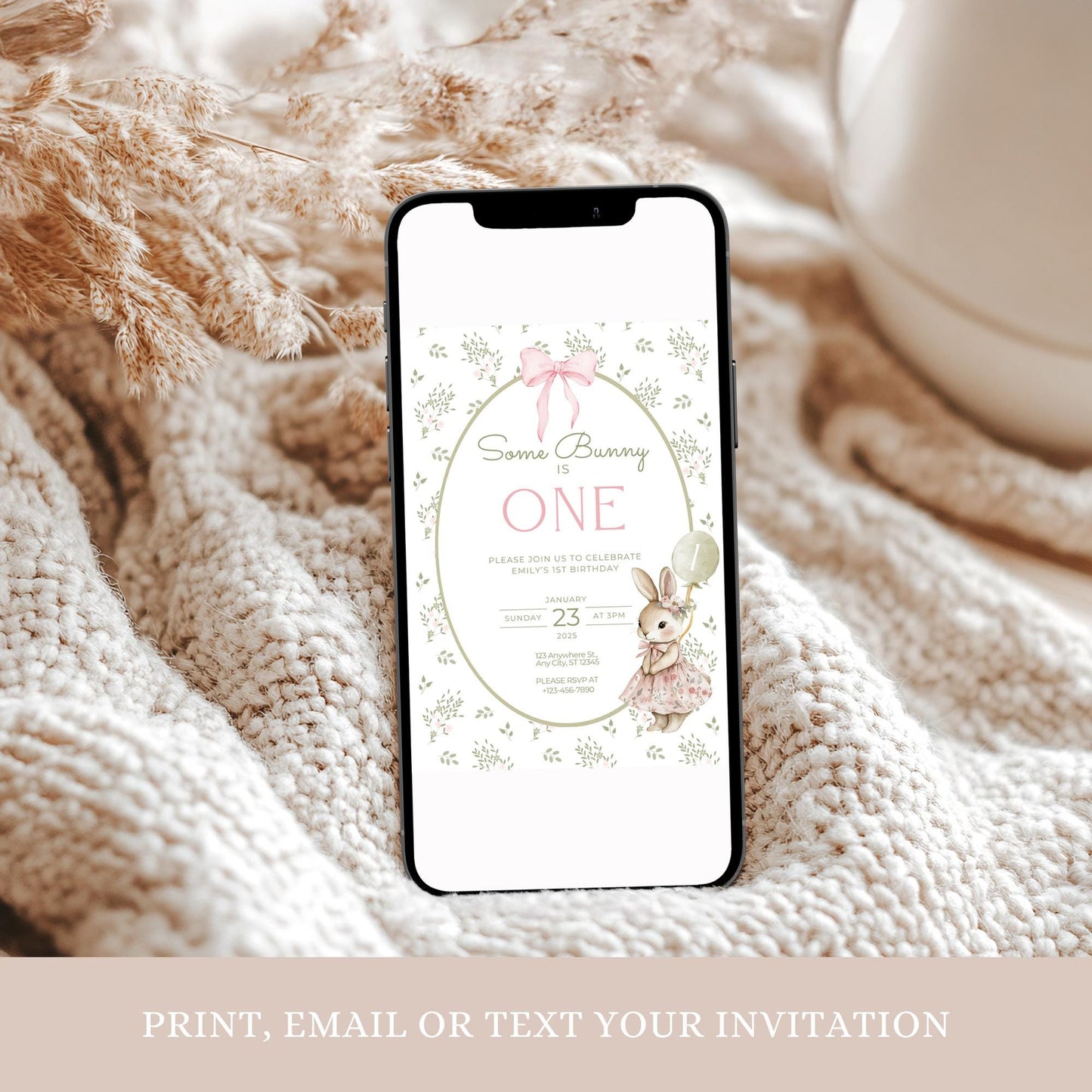 Some Bunny is One Birthday Invitation Bunny Birthday Invite Spring Floral Invitation Coquette Bunny First birthday Rabbit Birthday Invite