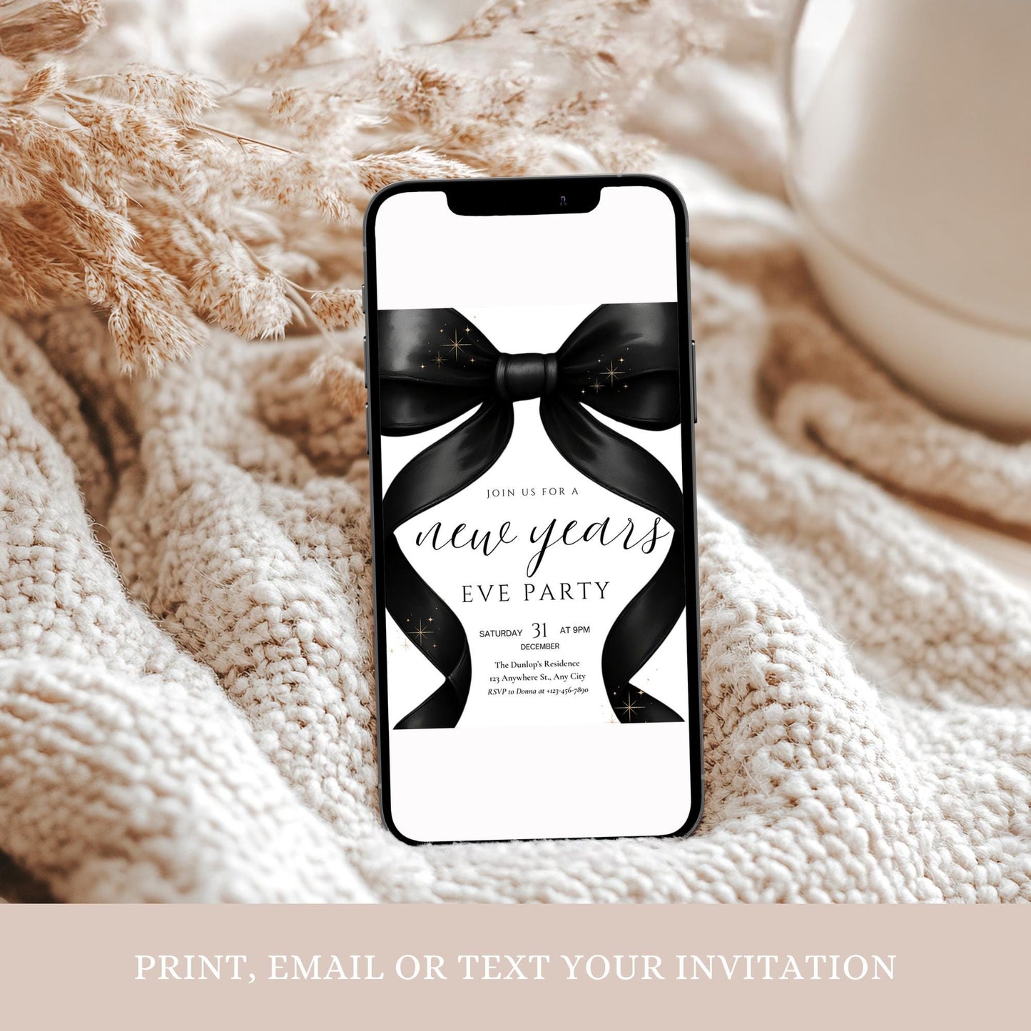 New Years Party invitation Friendsmas Invite Family Christmas Invite Black Bow Holiday Party Evite New Years Eve Dinner Instant Download