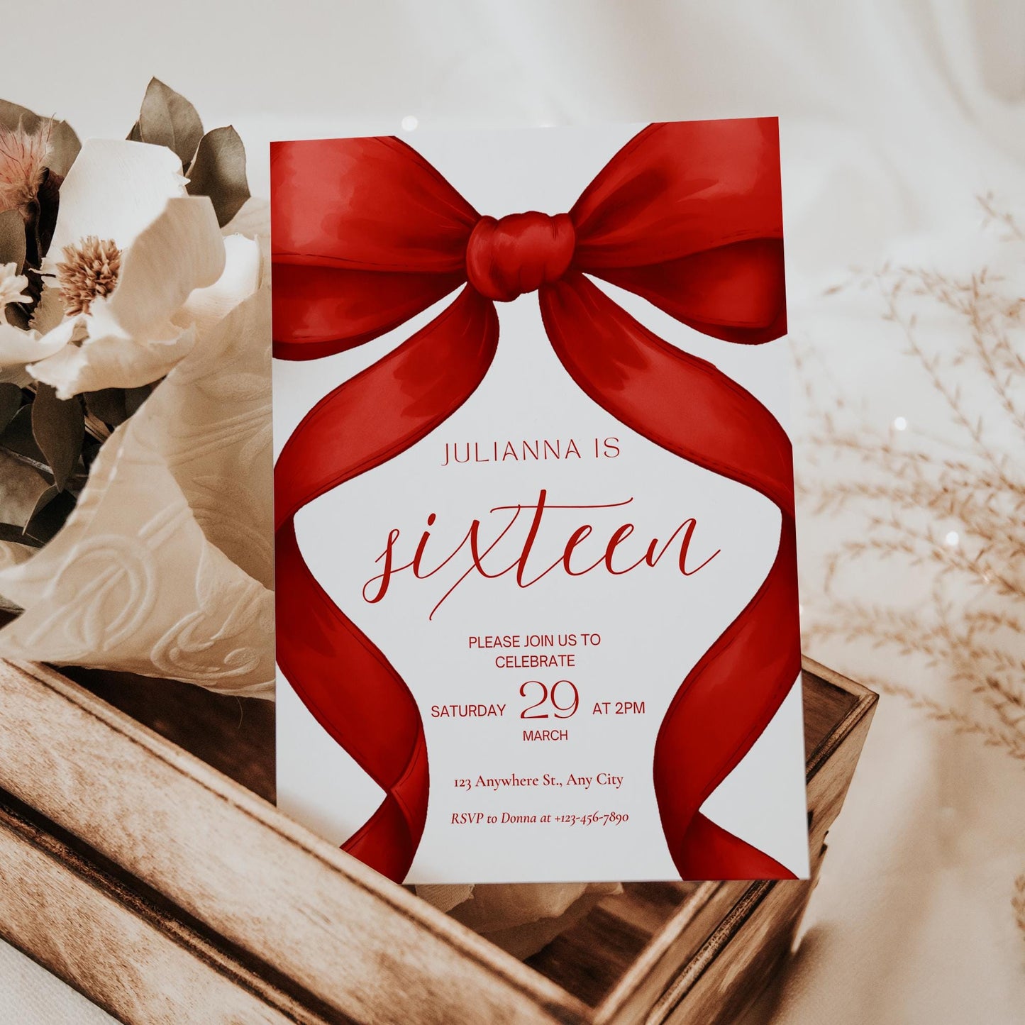 16th birthday invitation Red Coquette Invite 16th Birthday Invitation Girl sixteenth Red Bow Birthday Teen Birthday Party Sweet Sixteen
