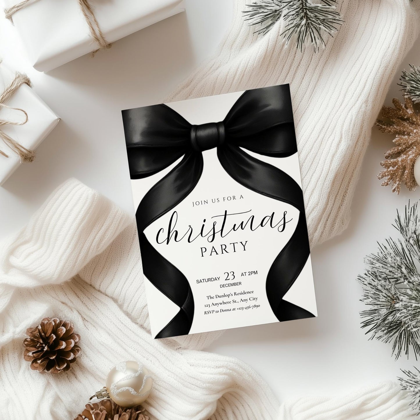 Christmas Party invitation Friendsmas Invite Family Christmas Invite Black Bow Holiday Party Evite Christmas Dinner Invite Instant Download