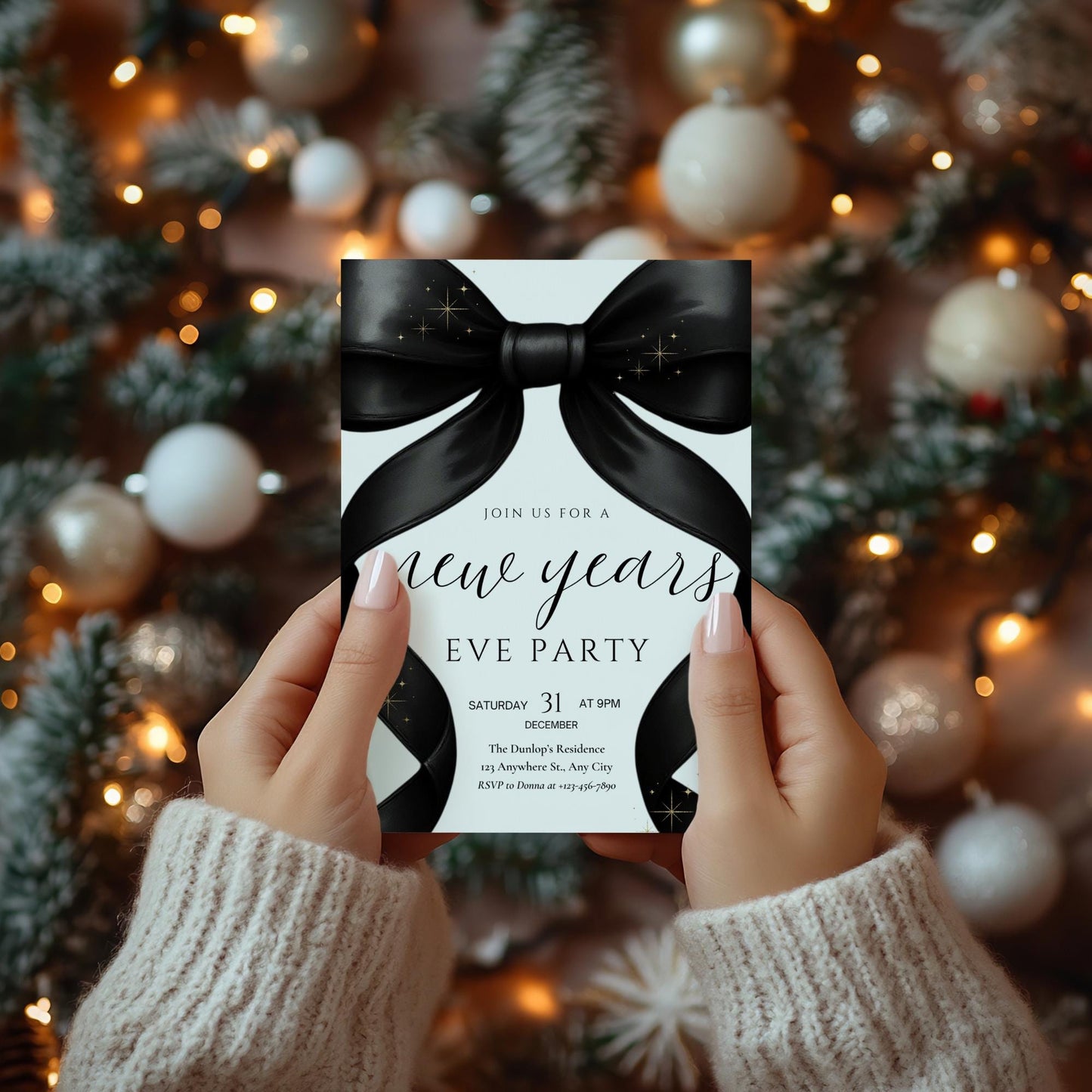 New Years Party invitation Friendsmas Invite Family Christmas Invite Black Bow Holiday Party Evite New Years Eve Dinner Instant Download