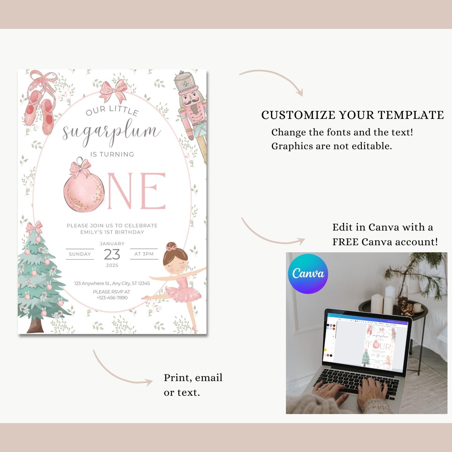 Nutcracker Ballet Birthday Invitation Sugarplum Fairy First Birthday Invite for Winter ONEderland Birthday Party Nutcracker Invitation