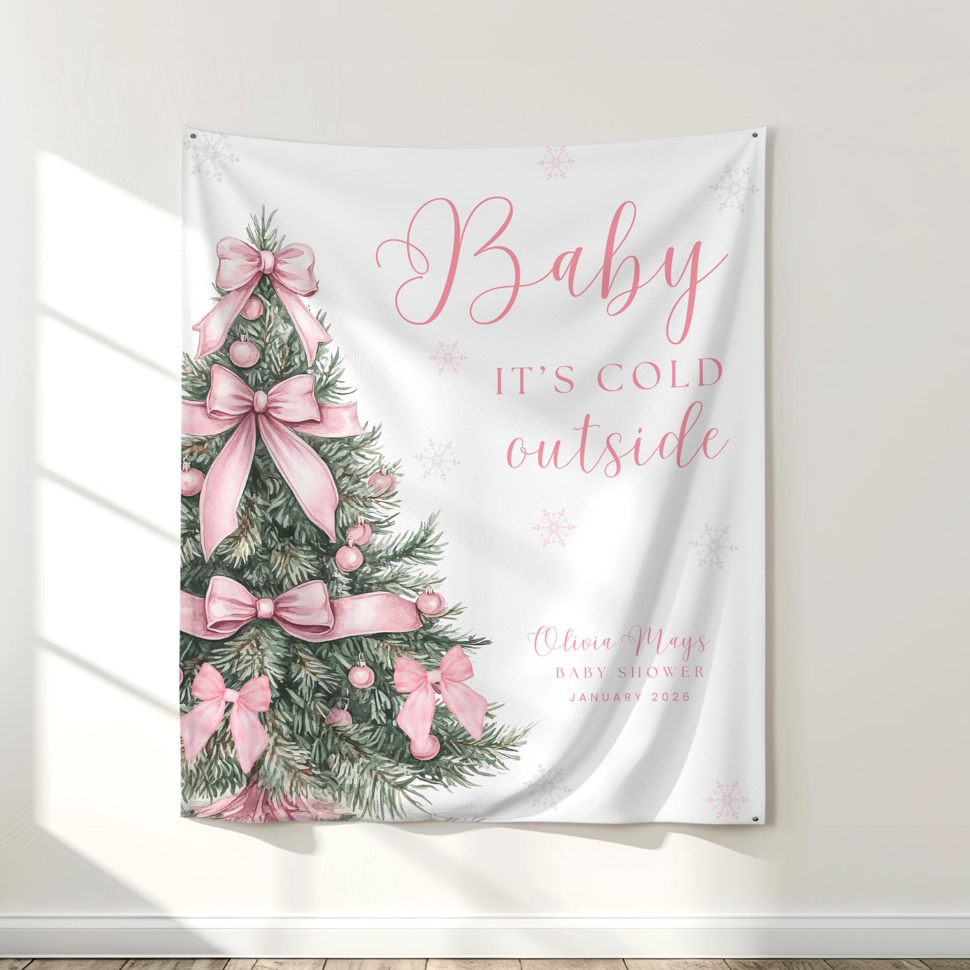 Baby its Cold Outside Baby Shower Banner Snowflake Winter Baby Shower Backdrop Bow Baby shower Sign Coquette decor Gender reveal