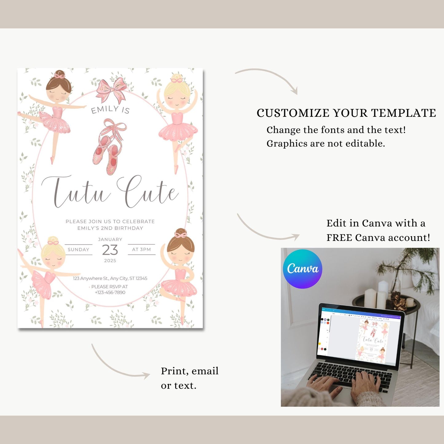 Tutu Cute Birthday Invitation Girl 2nd Birthday Invitation Ballerina Birthday Invite Tutu Cute Bday Invite Tutu Birthday Invite Ballerina