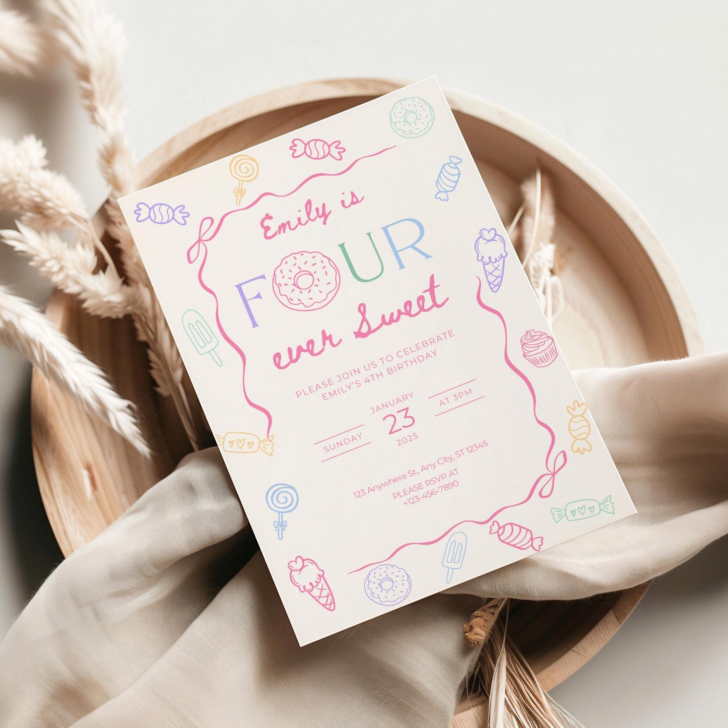Four Ever Sweet Birthday Invitation Girl Fourth Birthday Dessert Theme Invite Candy Donut Ice Cream Sweets Party Editable 4th Birthday Canva