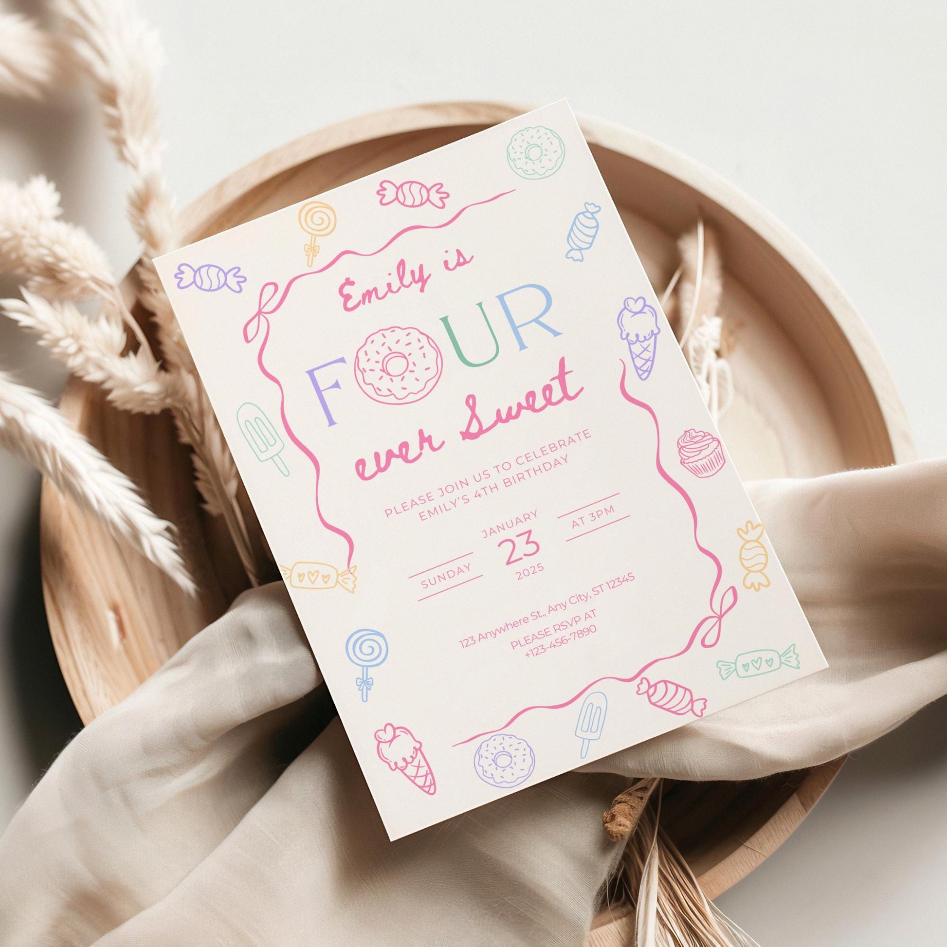 Four Ever Sweet Birthday Invitation Girl Fourth Birthday Dessert Theme Invite Candy Donut Ice Cream Sweets Party Editable 4th Birthday Canva