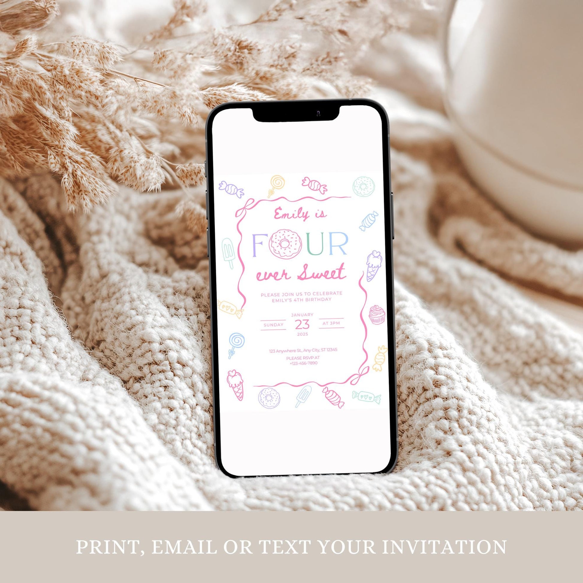 Four Ever Sweet Birthday Invitation Girl Fourth Birthday Dessert Theme Invite Candy Donut Ice Cream Sweets Party Editable 4th Birthday Canva