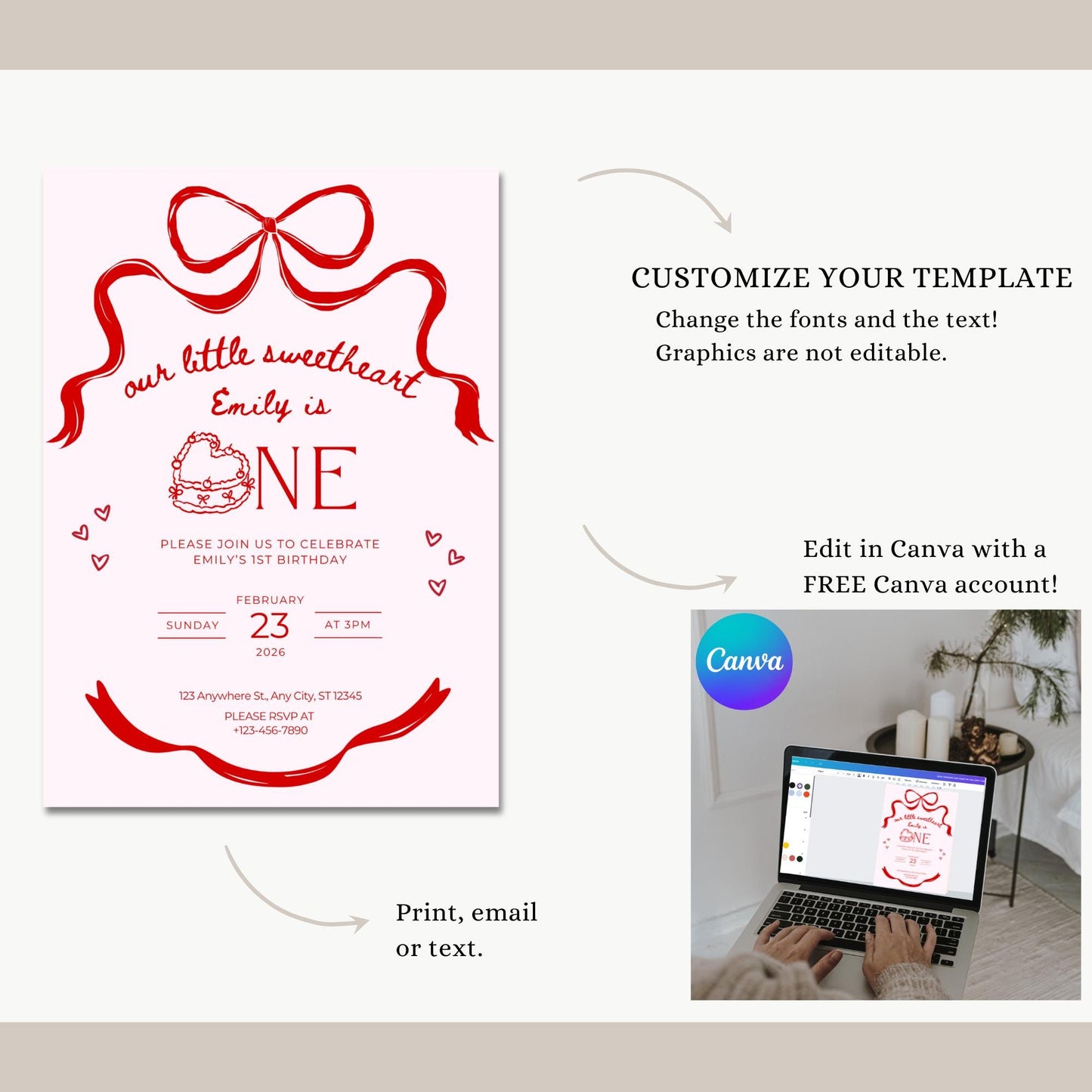 Our little sweetheart is turning ONE birthday party invitation Valentine’s Day birthday party invite 1st birthday EDITABLE template Canva