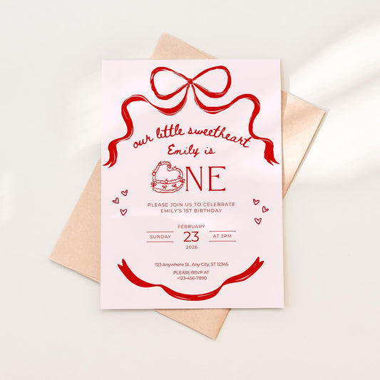 Our little sweetheart is turning ONE birthday party invitation Valentine’s Day birthday party invite 1st birthday EDITABLE template Canva