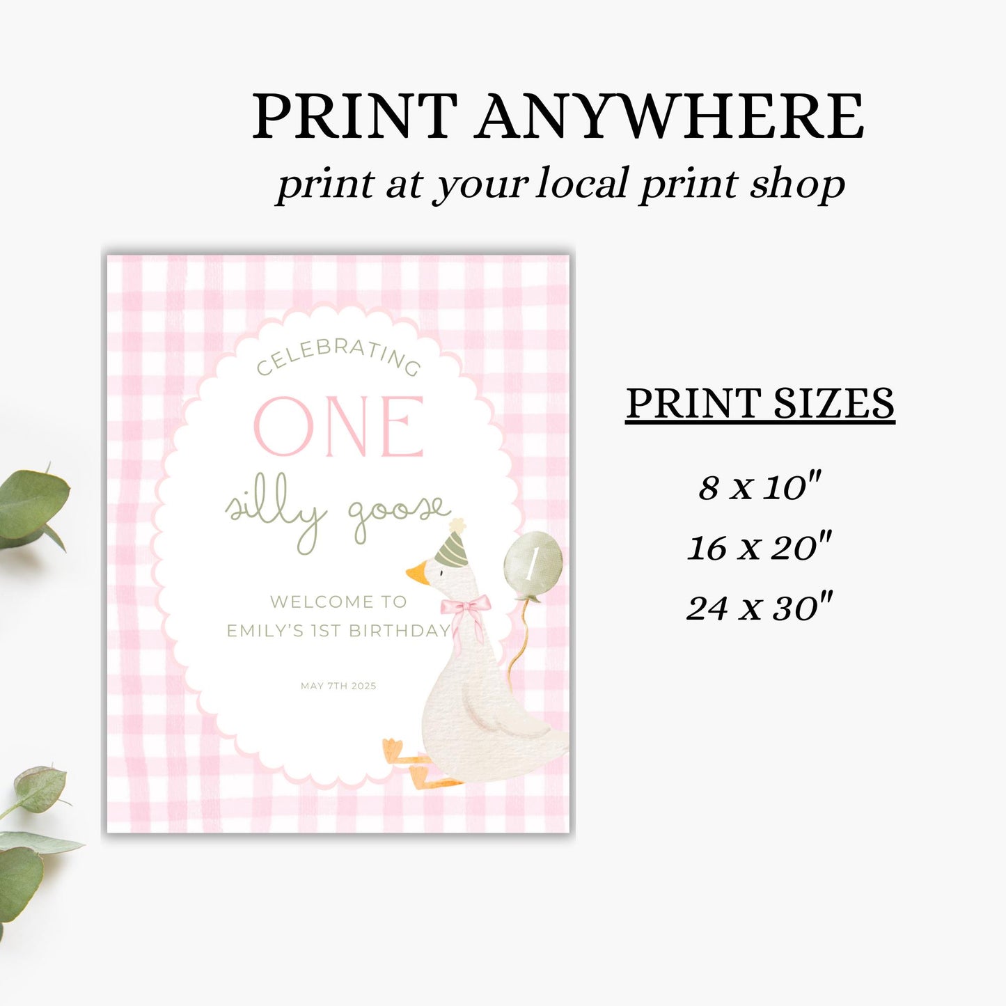 One Silly Goose Birthday Welcome Sign Editable Silly Goose Party Welcome Poster Pink Gingham 1st Birthday Decor Silly Goose Theme Bday